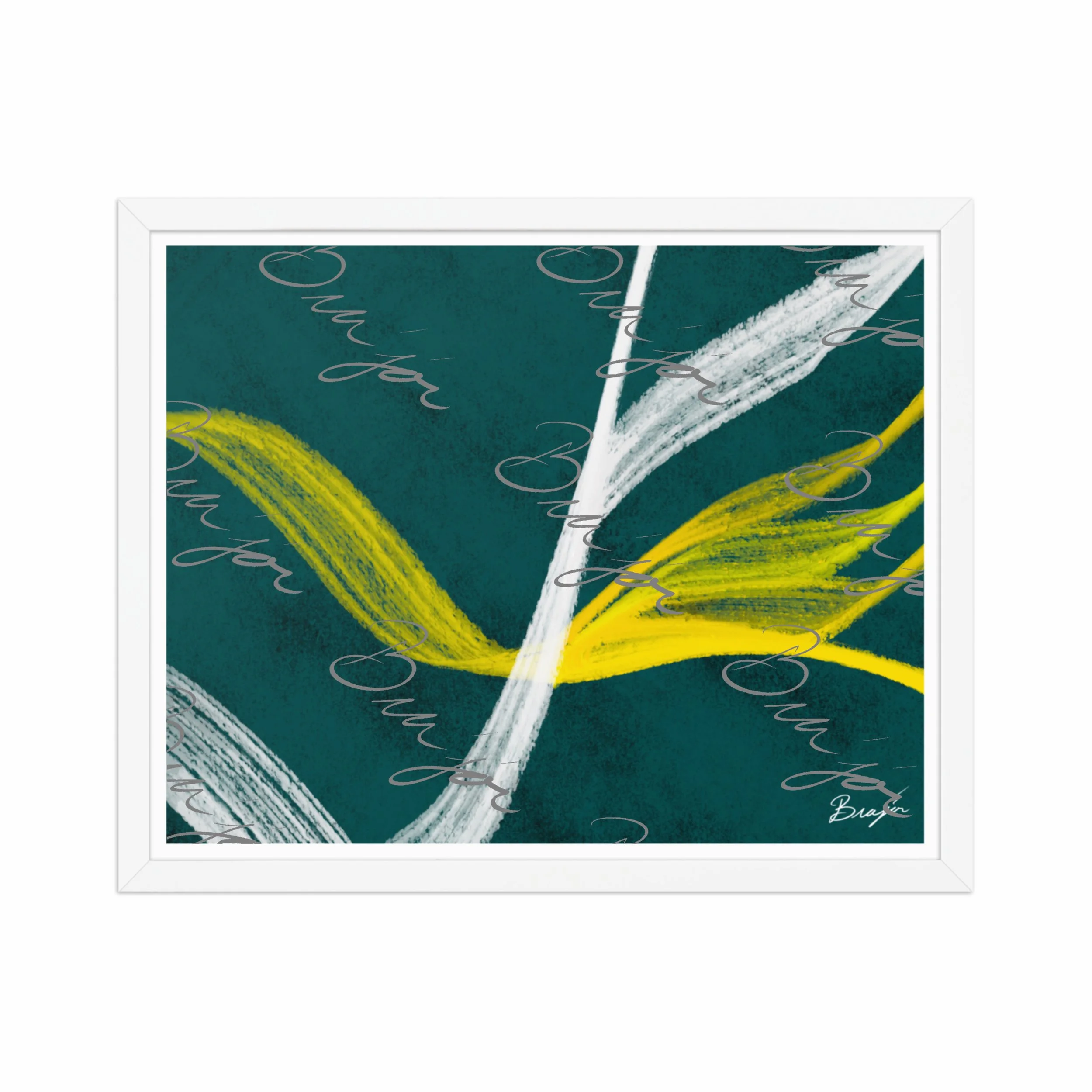 16x20 White Framed abstract artwork titled Beginnings designed by the digital abstract artist Bra'jor. Artwork includes the colors Yellow, Green, White, and Black