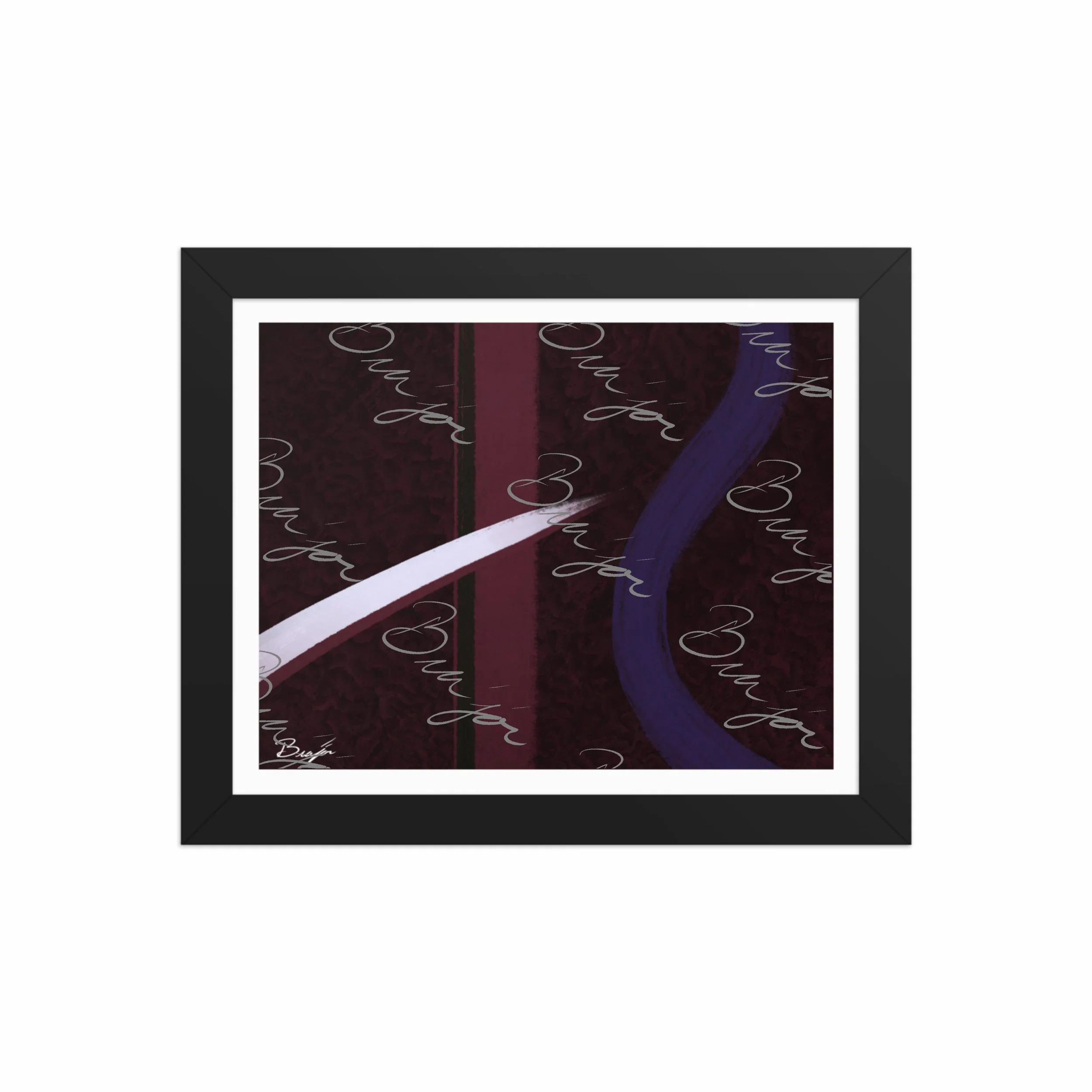 8x10 Black Framed abstract artwork titled The Walk designed by the digital abstract artist Bra'jor. Artwork includes the colors Maroon, Black, Purple, and White