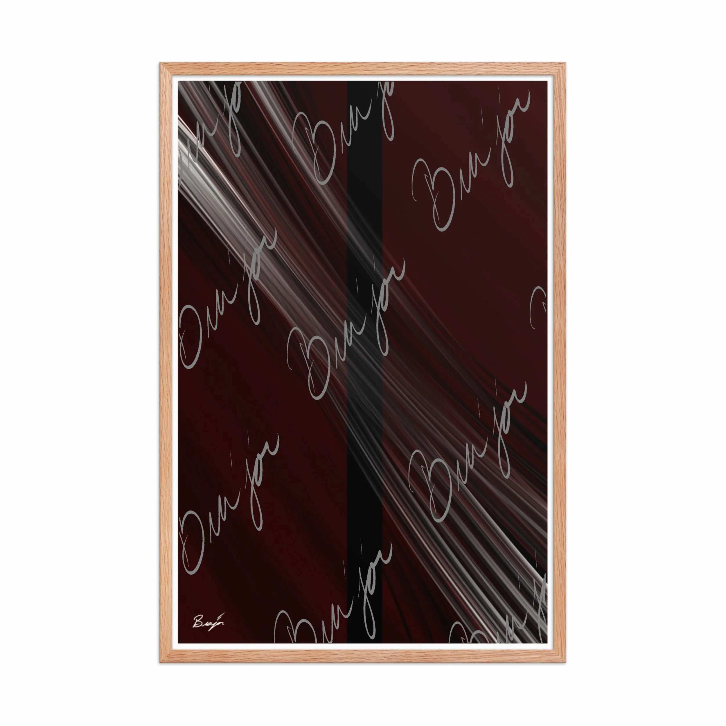 24x36 Red Oak Framed abstract artwork titled Still Standing designed by the digital abstract artist Bra'jor. Artwork includes the colors Maroon, Red, Black, and White
