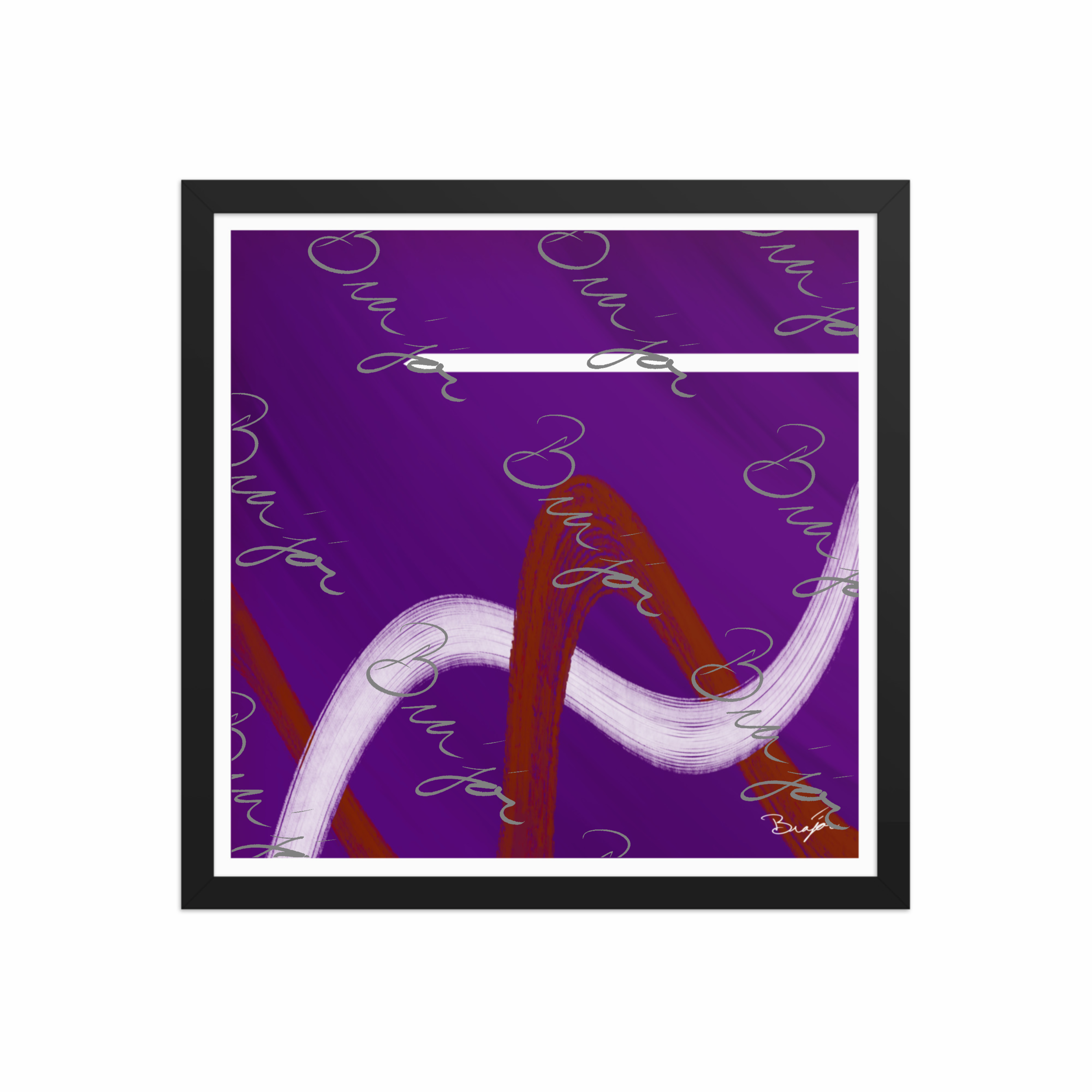 16x16 Black Framed abstract artwork titled Quiet designed by the digital abstract artist Bra'jor. Artwork includes the colors Purple, Red, and White