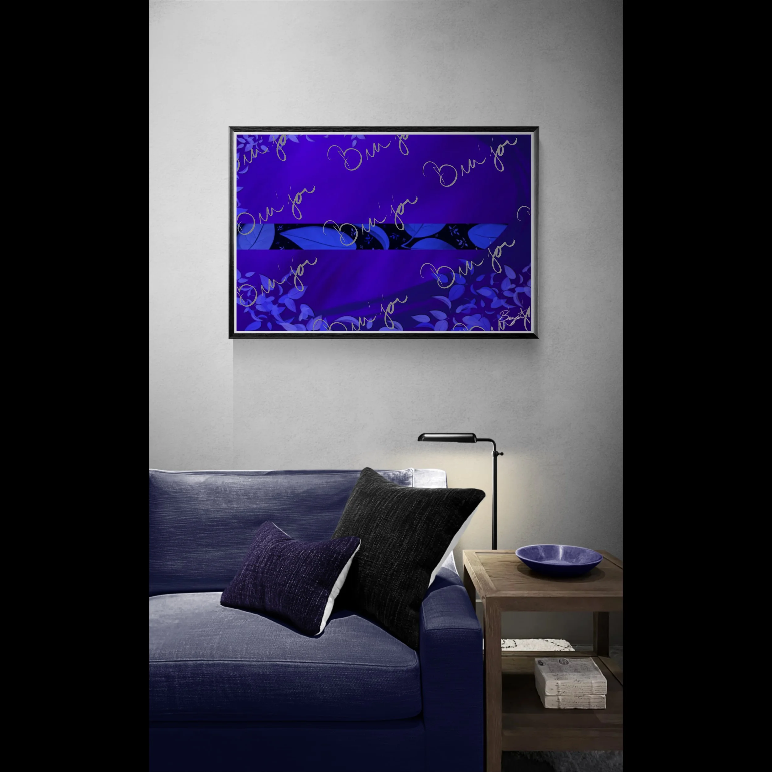 Framed abstract artwork titled A Moment designed by the digital abstract artist Bra'jor. Artwork includes the colors Blue, Black, and Purple