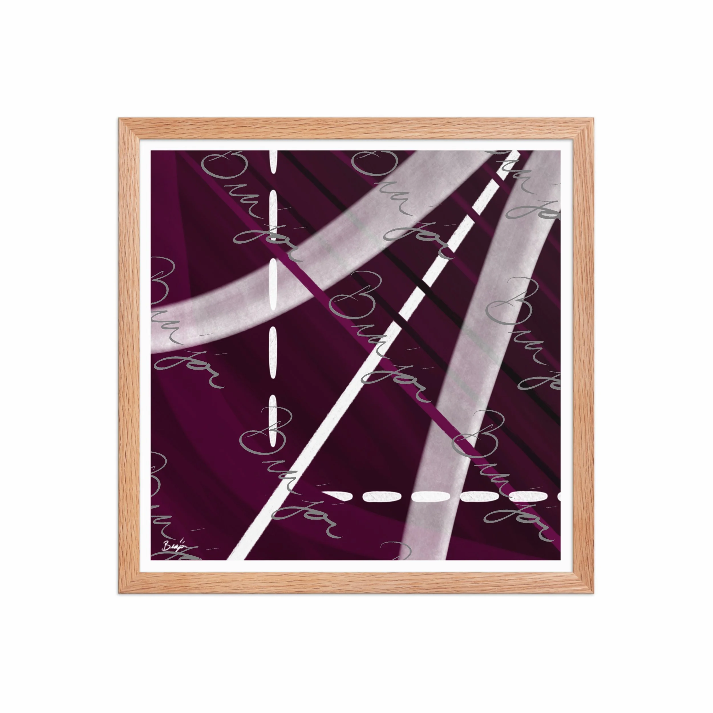 16x16 Red Oak Framed abstract artwork titled Tuning designed by the digital abstract artist Bra'jor. Artwork includes the colors Purple, Black, Gray, and White