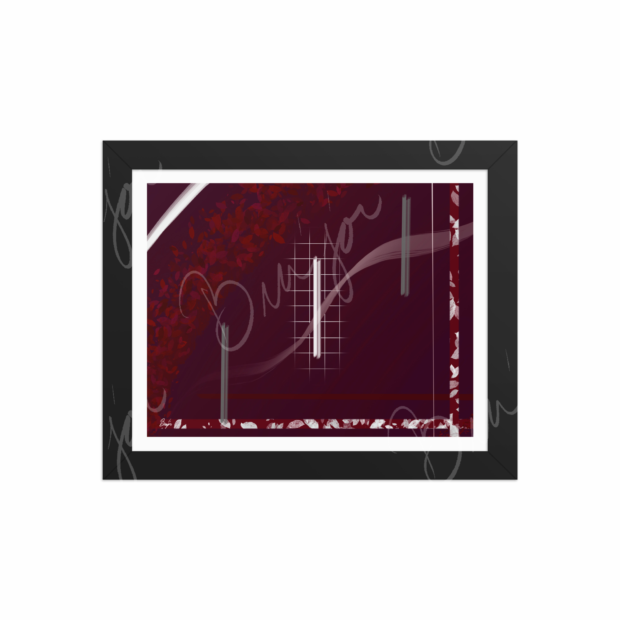 8x10 Black Framed Abstract artwork titled Shine designed by the digital abstract artist Bra'jor. Artwork includes the colors Red, Gray, Maroon, White, and Soft Pink