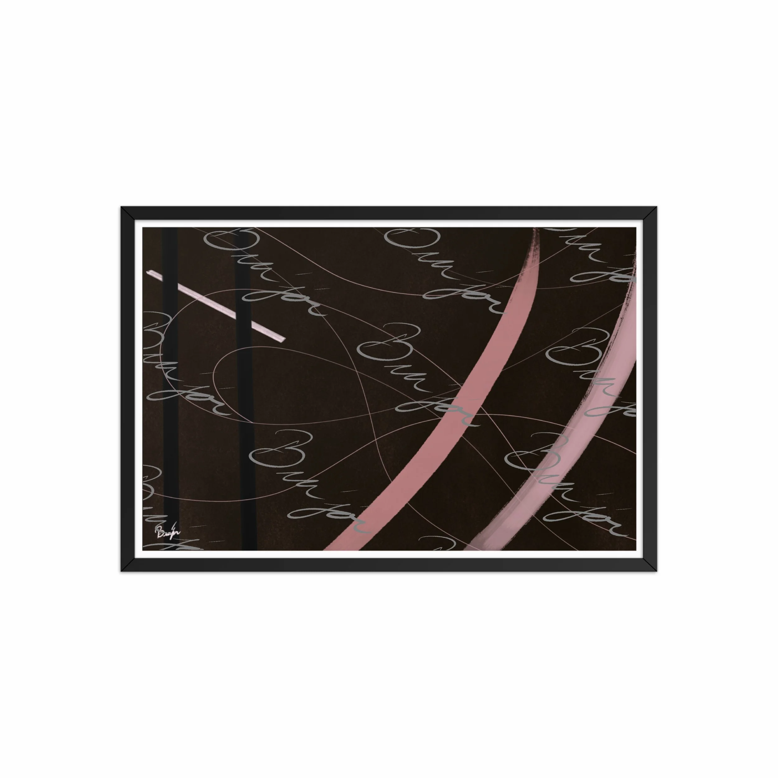 20x30 Black Framed abstract artwork titled Beholder designed by the digital abstract artist Bra'jor. Artwork includes the colors Brown, Pink, Black, and White