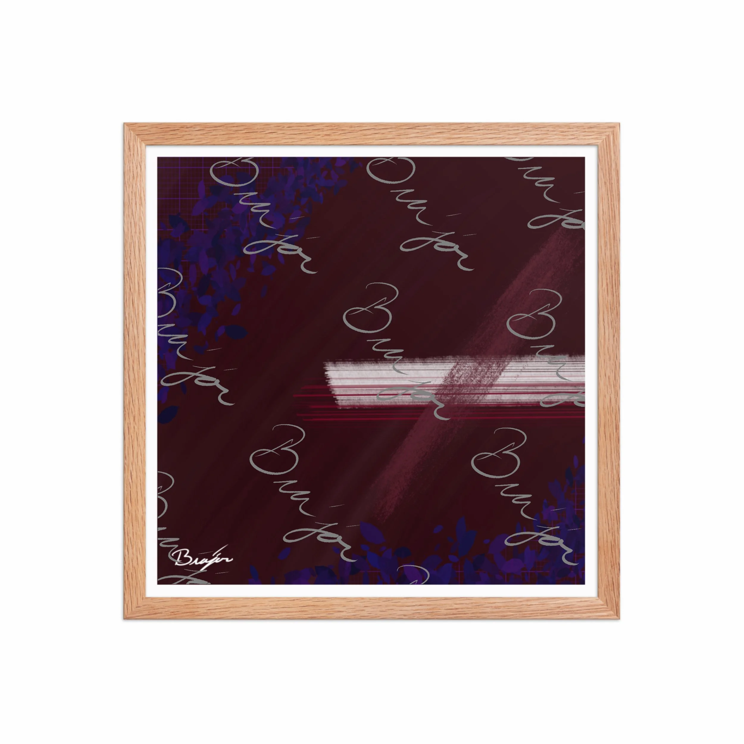 16x16 Red Oak framed abstract artwork titled Guarded designed by the digital abstract artist Bra'jor. Artwork includes the colors Maroon, Black, Blue, and White