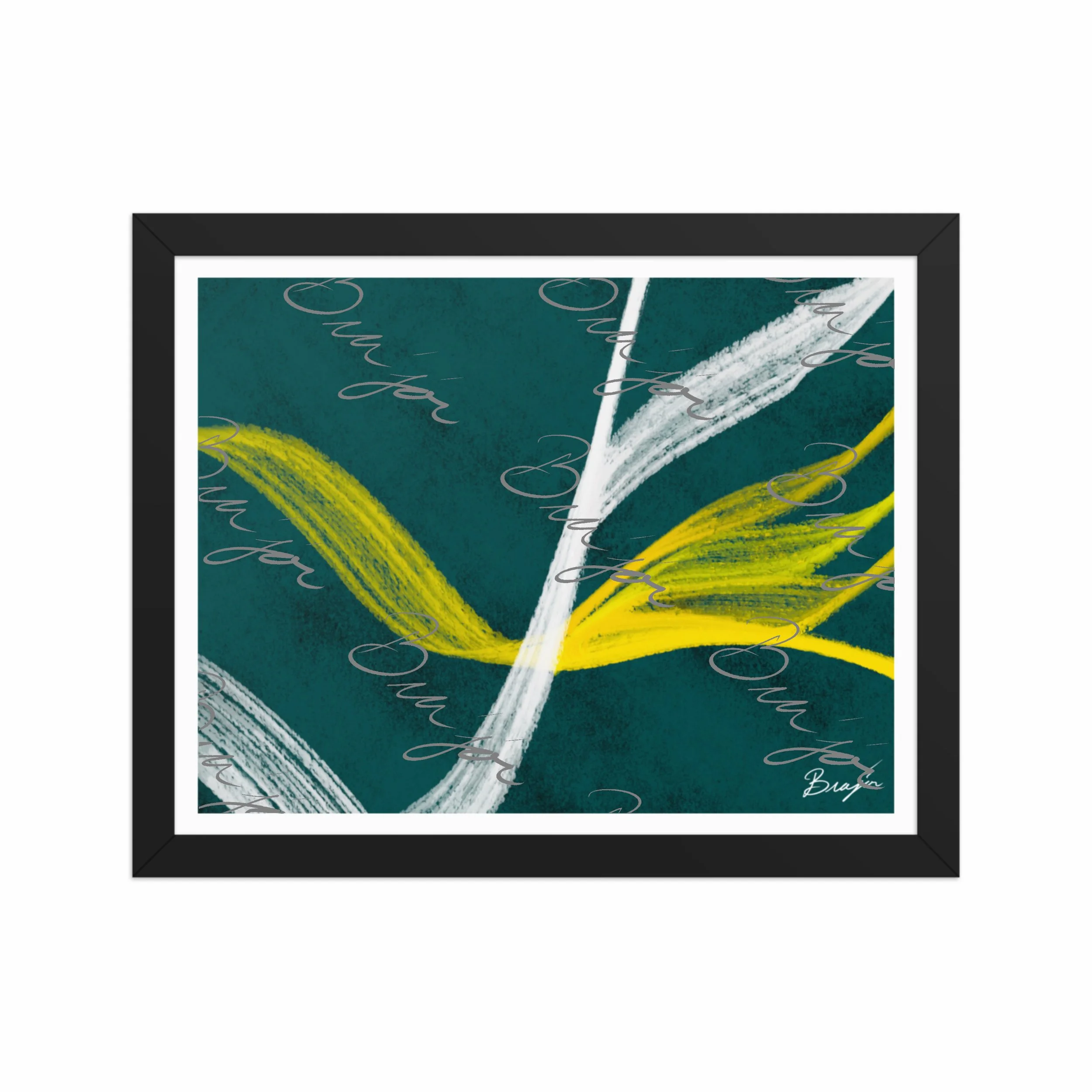 11x14 Black Framed abstract artwork titled Beginnings designed by the digital abstract artist Bra'jor. Artwork includes the colors Yellow, Green, White, and Black
