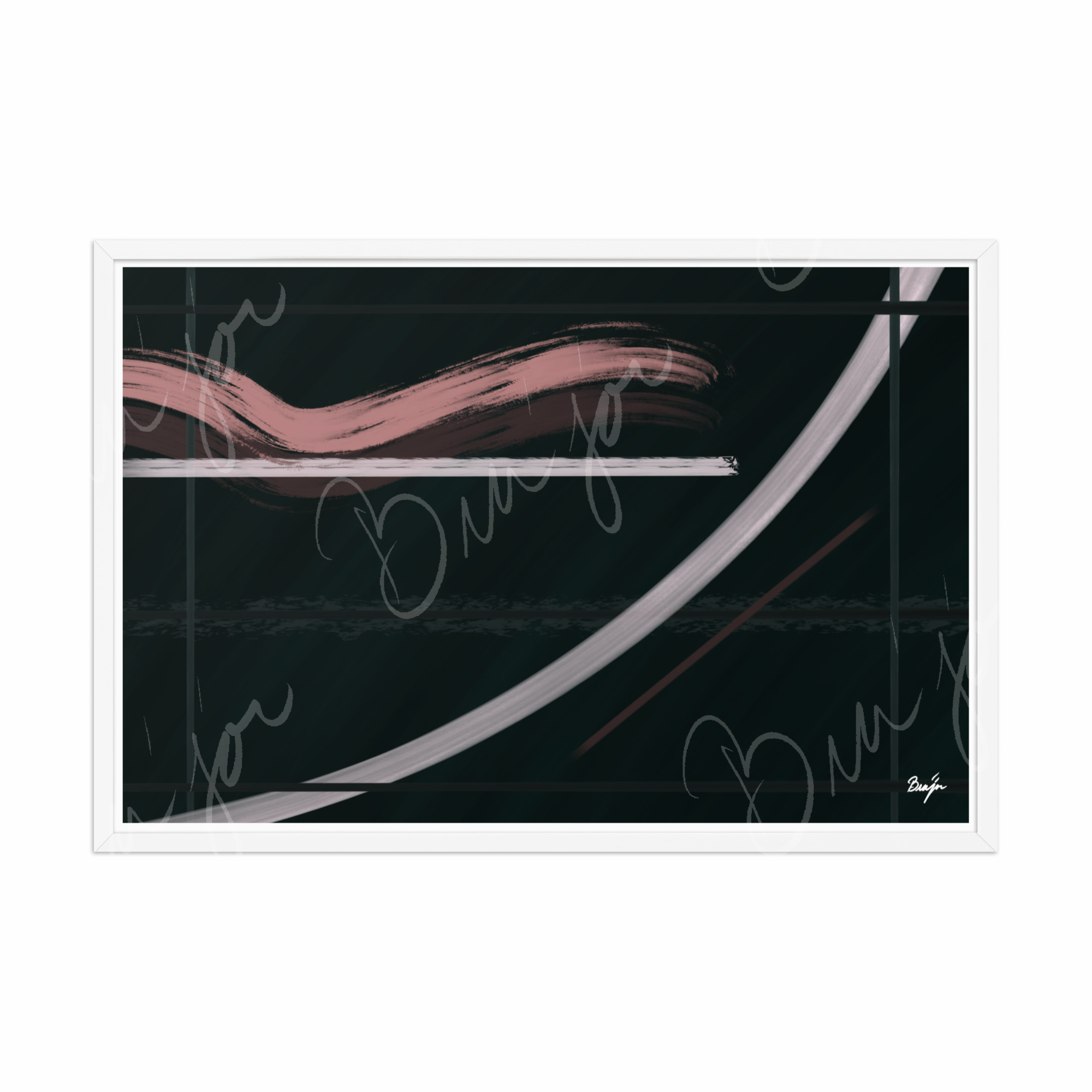 24x36 White Framed Abstract artwork titled Together designed by the digital abstract artist Bra'jor. Artwork includes the colors Brown, Pink, Green, and White
