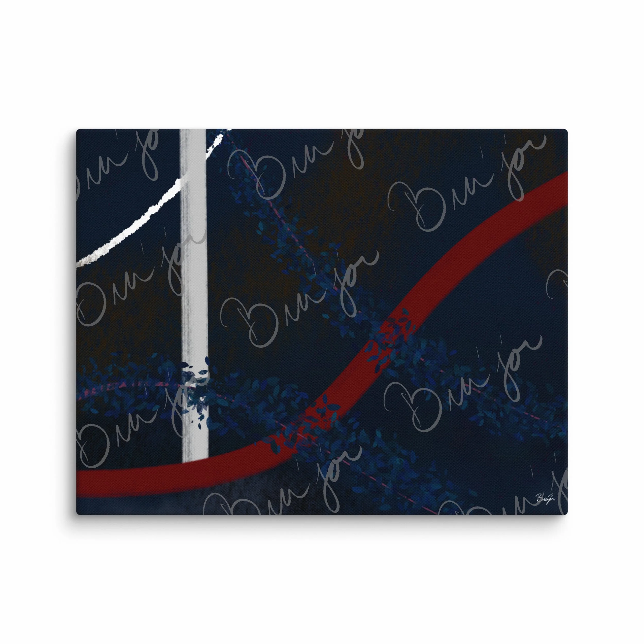 11x14 Canvas abstract artwork titled Gloomy II designed by the digital abstract artist Bra'jor. Artwork includes the colors Blue, Red, White, Pink, and Black