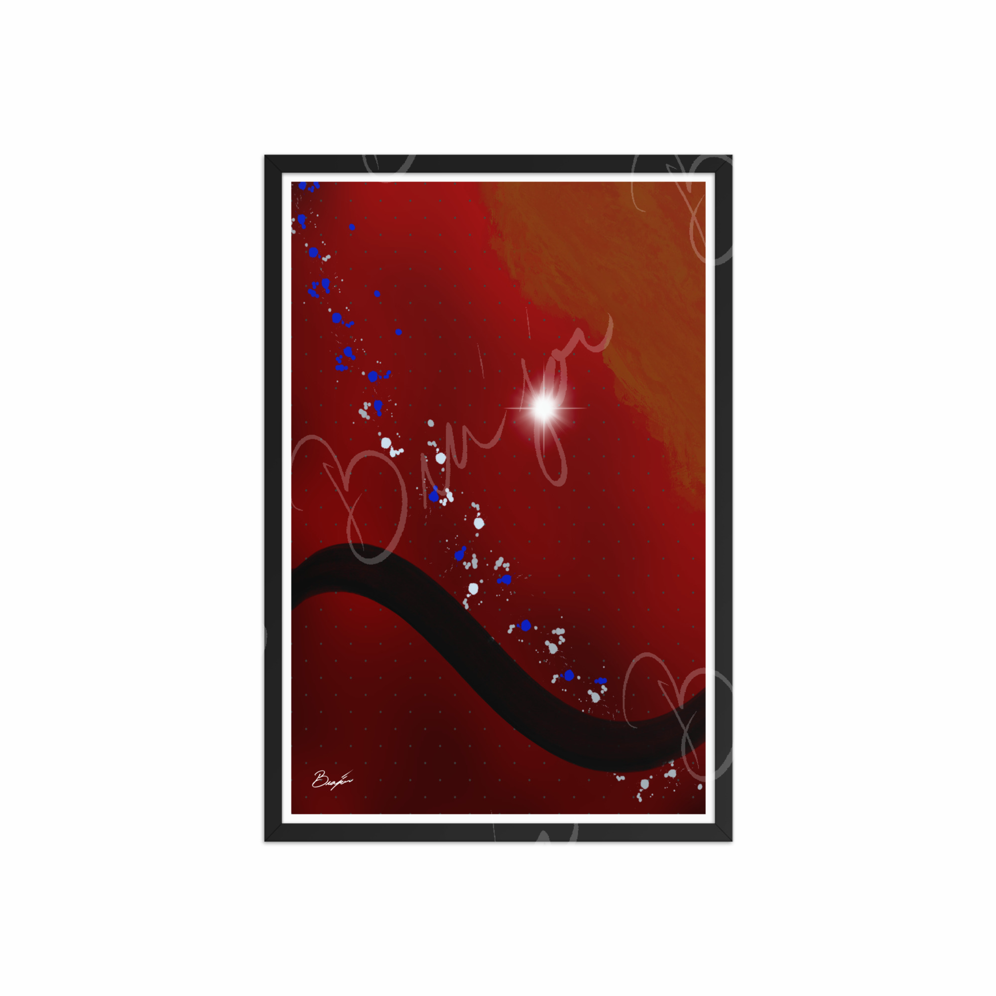 20x30 Black Framed Abstract artwork titled Take Your Place designed by the digital abstract artist Bra'jor. Artwork includes the colors Red, Yellow, Orange, Black, Gray, and White