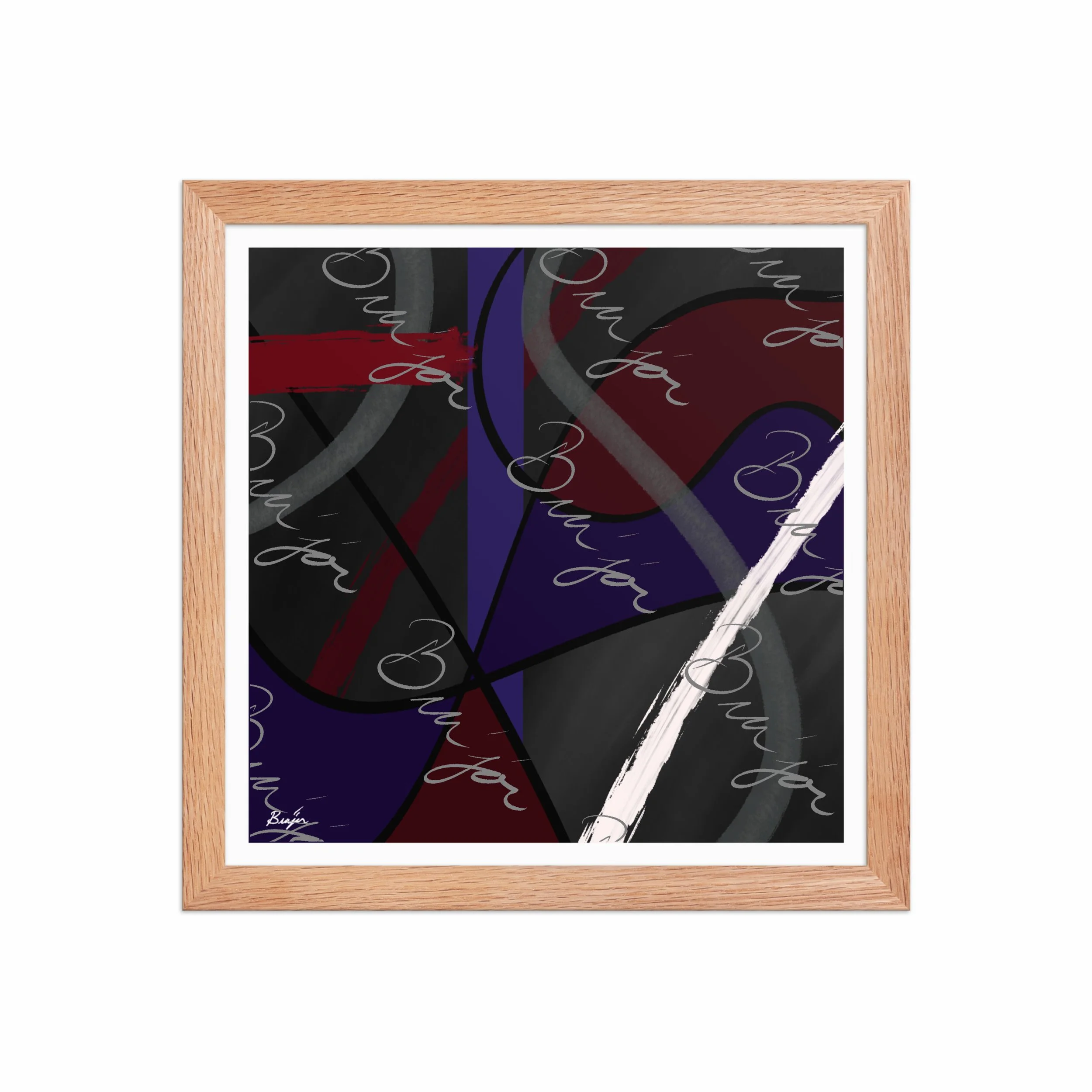 12x12 Red Oak Framed Abstract artwork titled Different designed by the digital abstract artist Bra'jor. Artwork includes the colors Purple, Blue, Red, Gray, and Black
