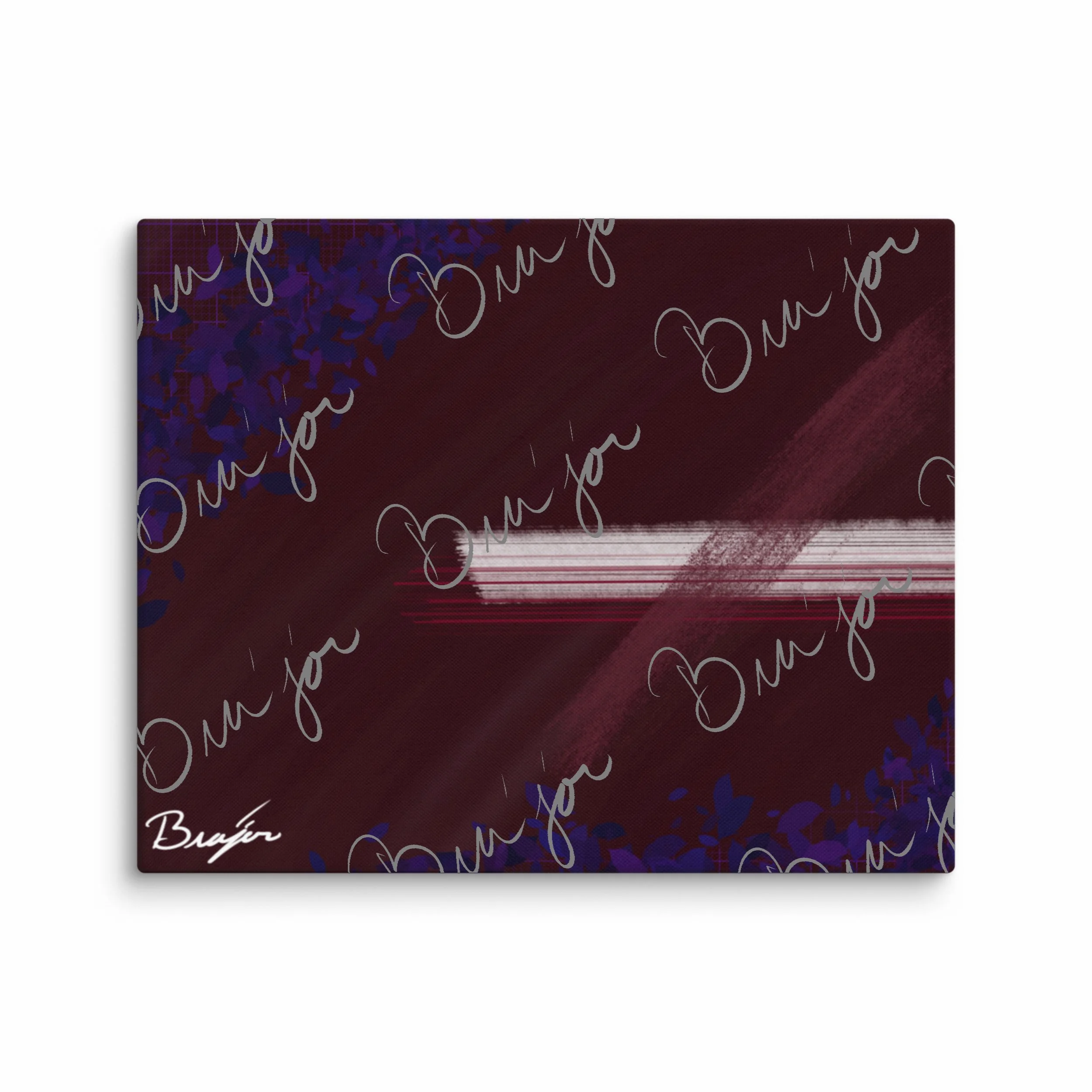 16x20 Abstract canvas artwork titled Guarded designed by the digital abstract artist Bra'jor. Artwork includes the colors Maroon, Black, Blue, and White