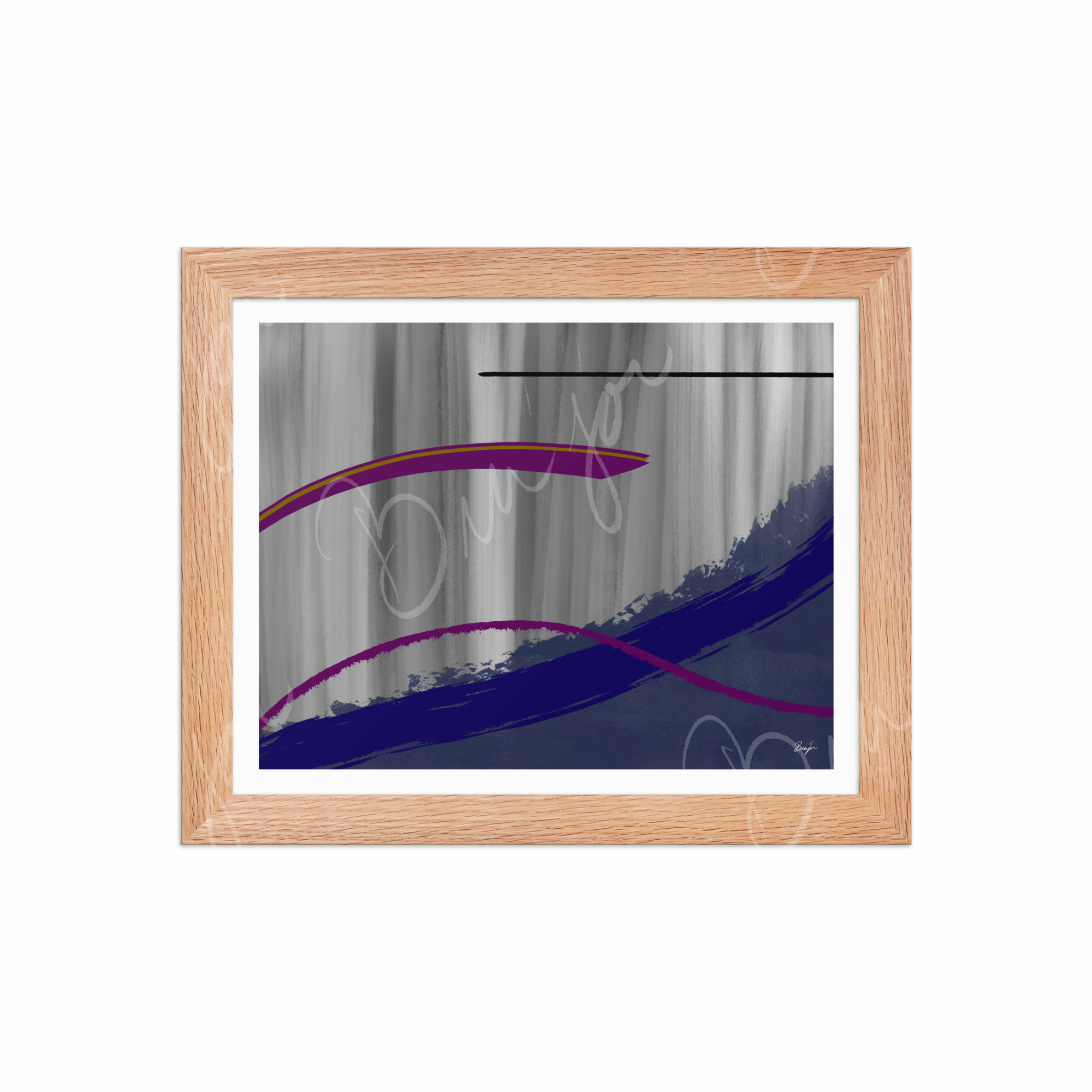 8x10 Red Oak Framed Abstract artwork titled Reworking designed by the digital abstract artist Bra'jor. Artwork includes the colors Purple, Gray, Blue, Mustard Yellow, and Black