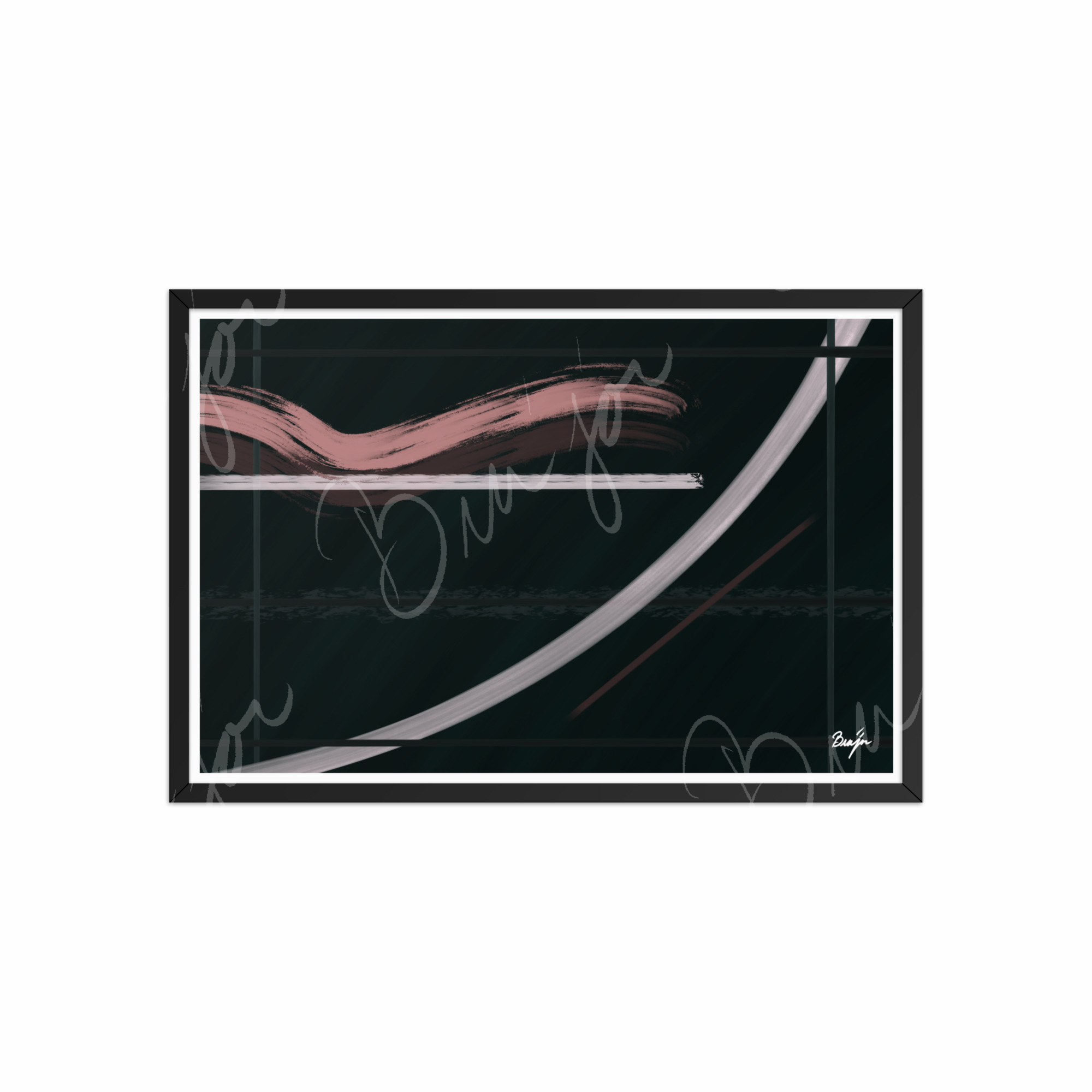 20x30 Black Framed Abstract artwork titled Together designed by the digital abstract artist Bra'jor. Artwork includes the colors Brown, Pink, Green, and White
