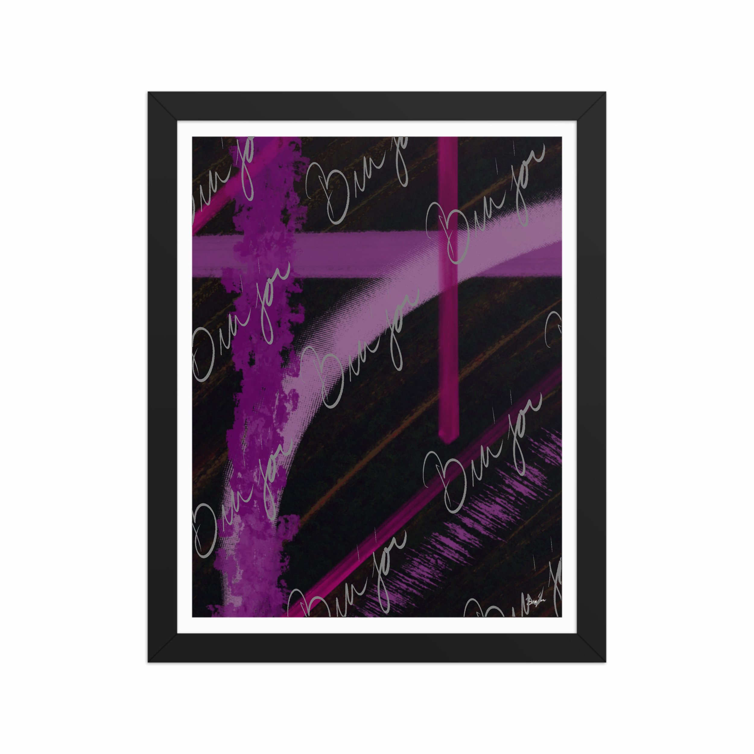 11x14 Black Framed Abstract artwork titled Be Soft designed by the digital abstract artist Bra'jor. Artwork includes the colors Purple, Lavender, Pink, Orange, and Black