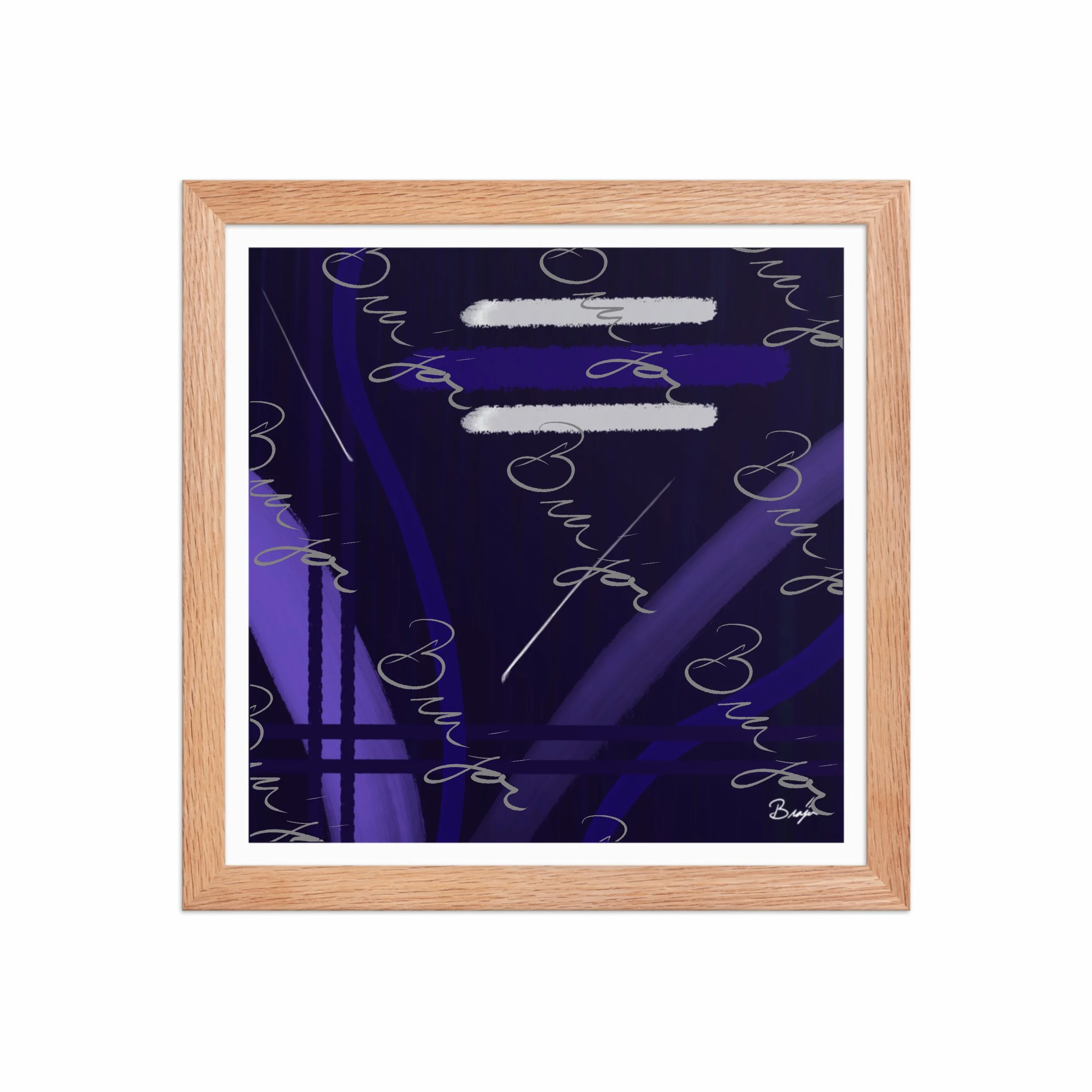 12x12 Red Oak Framed Abstract artwork titled Beneath designed by the digital abstract artist Bra'jor. Artwork includes the colors Blue, White, Purple, and Navy