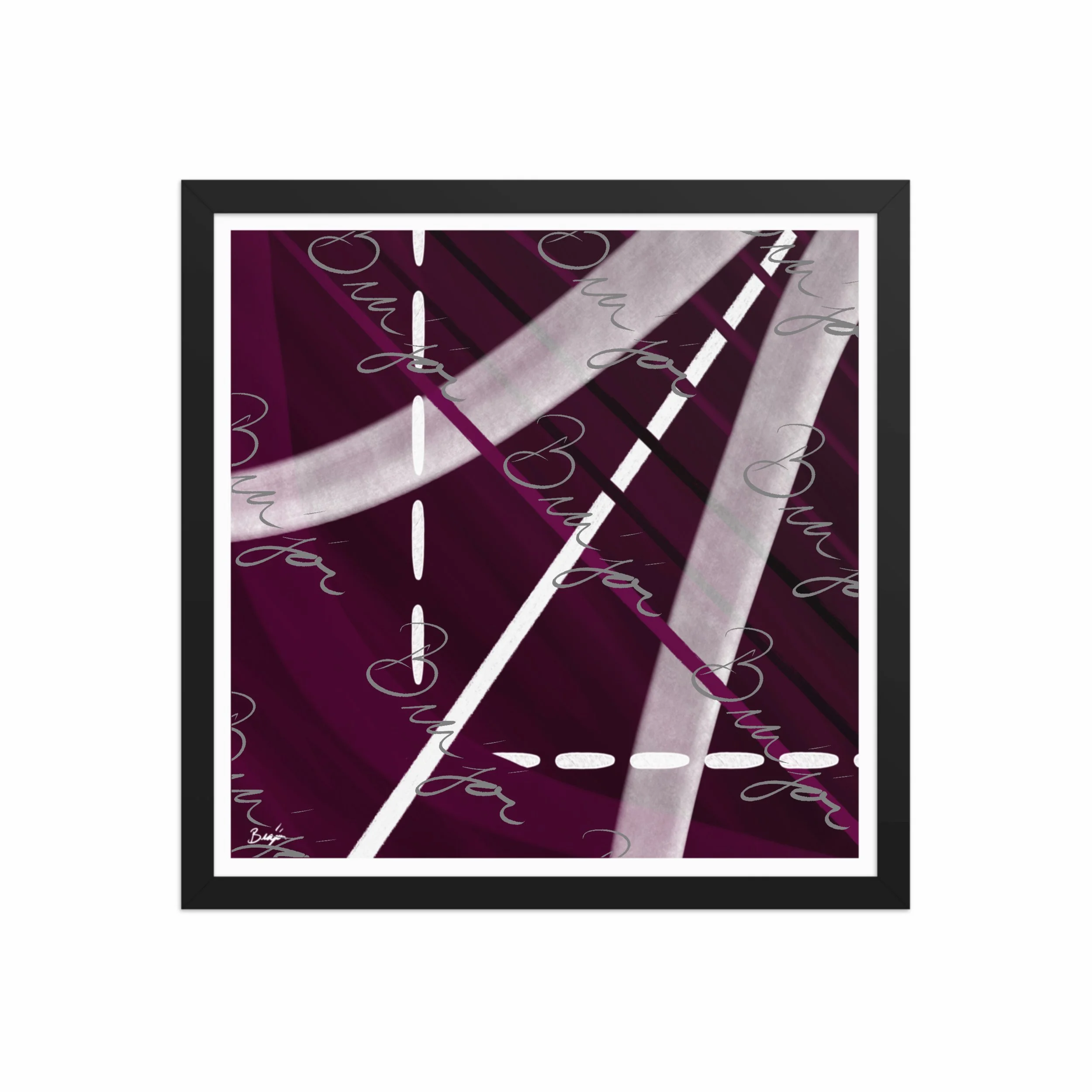 16x16 Black Framed abstract artwork titled Tuning designed by the digital abstract artist Bra'jor. Artwork includes the colors Purple, Black, Gray, and White