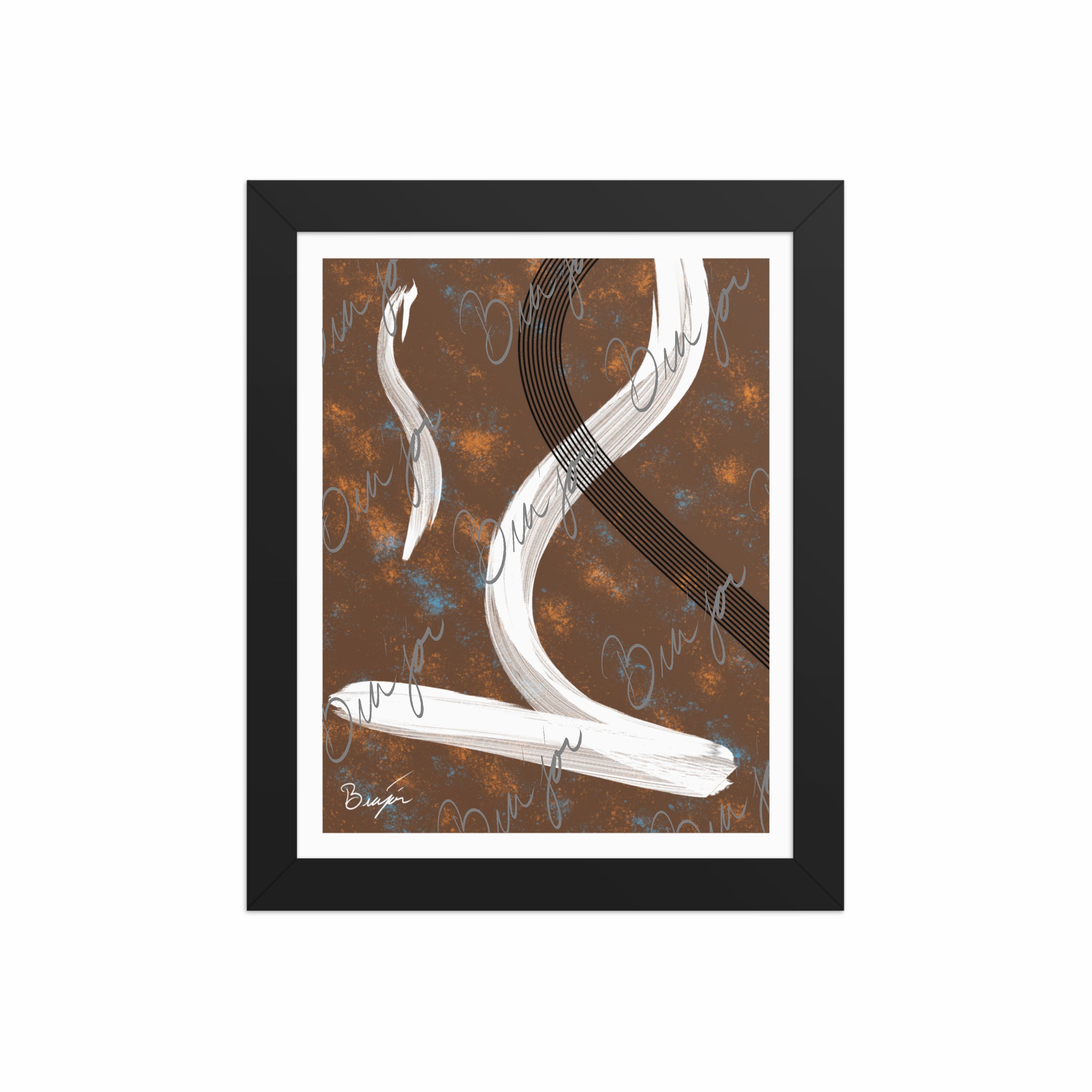 8x10 Black Framed abstract artwork titled My Heart designed by the digital abstract artist Bra'jor. Artwork includes the colors Brown, Orange, Blue, White, and Black