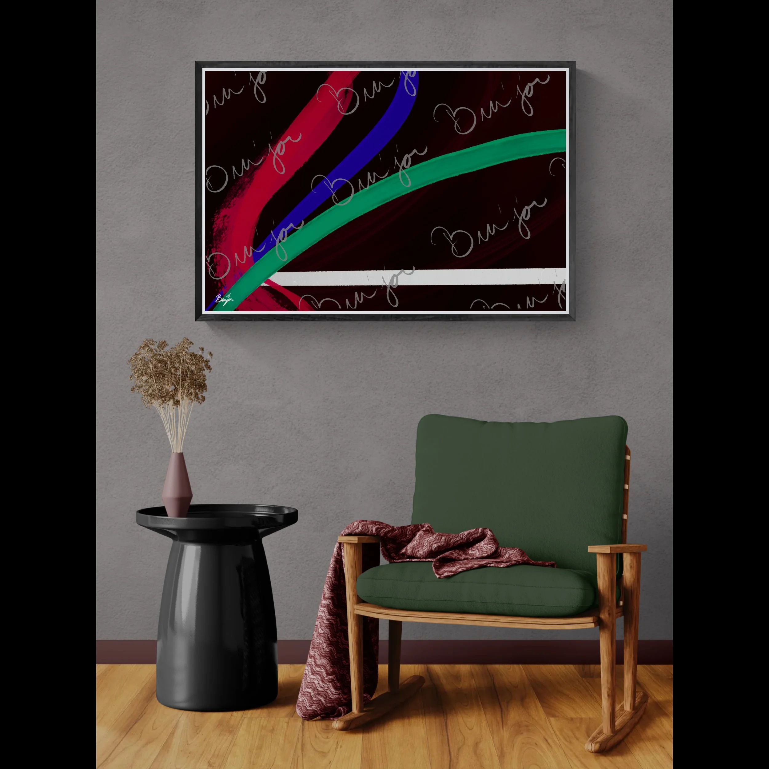 Framed Abstract artwork titled Journey designed by the digital abstract artist Bra'jor. Artwork includes the colors Red, White, Green, and Blue