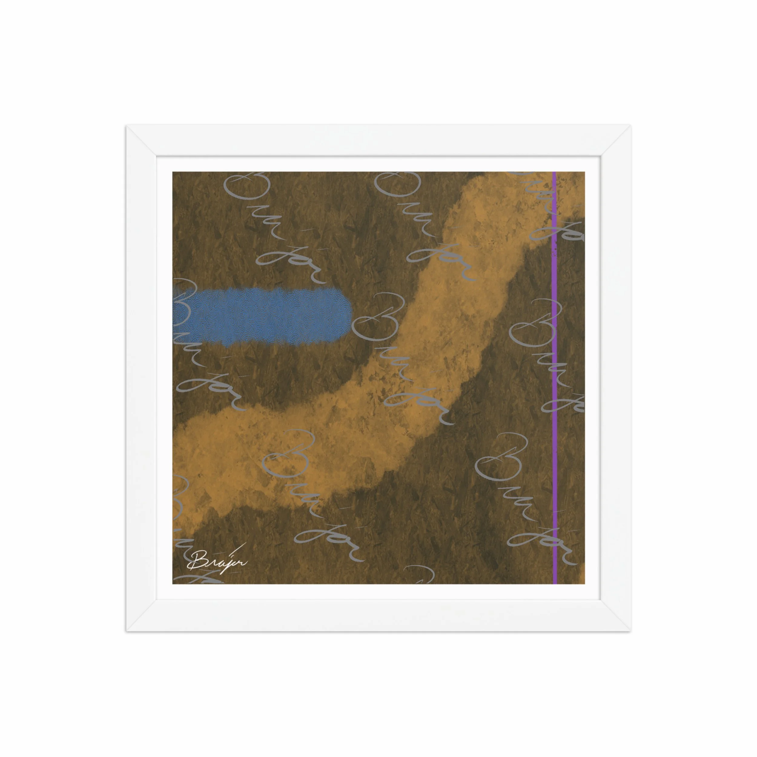 12x12 White Framed abstract artwork titled Gentle designed by the digital abstract artist Bra'jor. Artwork includes the colors Blue, Brown, Tan, Dark Green, and Purple