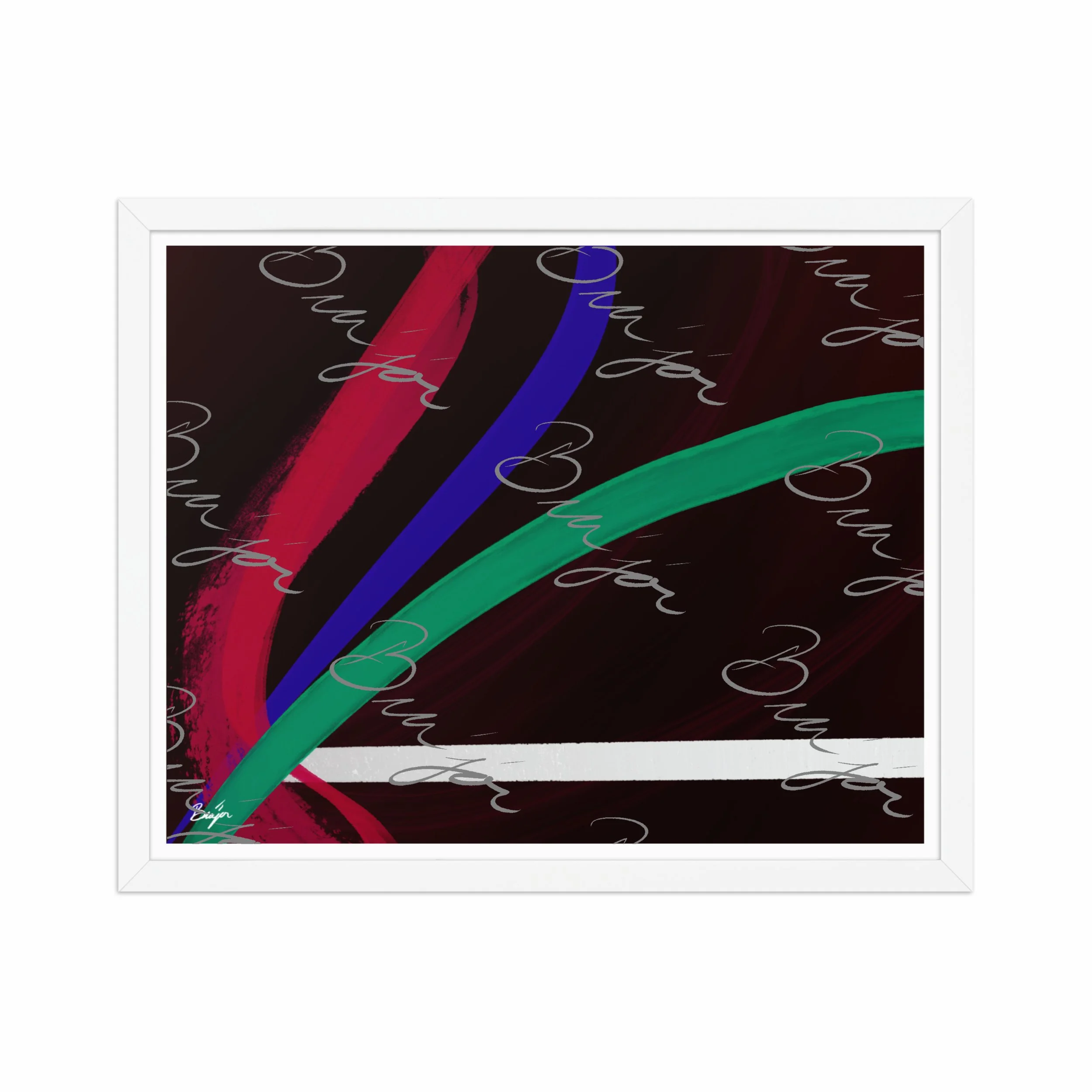 16x20 White Framed Abstract artwork titled Journey designed by the digital abstract artist Bra'jor. Artwork includes the colors Red, White, Green, and Blue