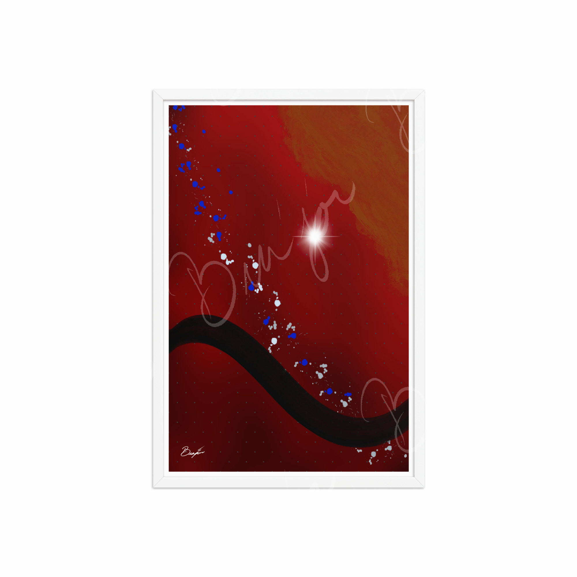 20x30 White Framed Abstract artwork titled Take Your Place designed by the digital abstract artist Bra'jor. Artwork includes the colors Red, Yellow, Orange, Black, Gray, and White