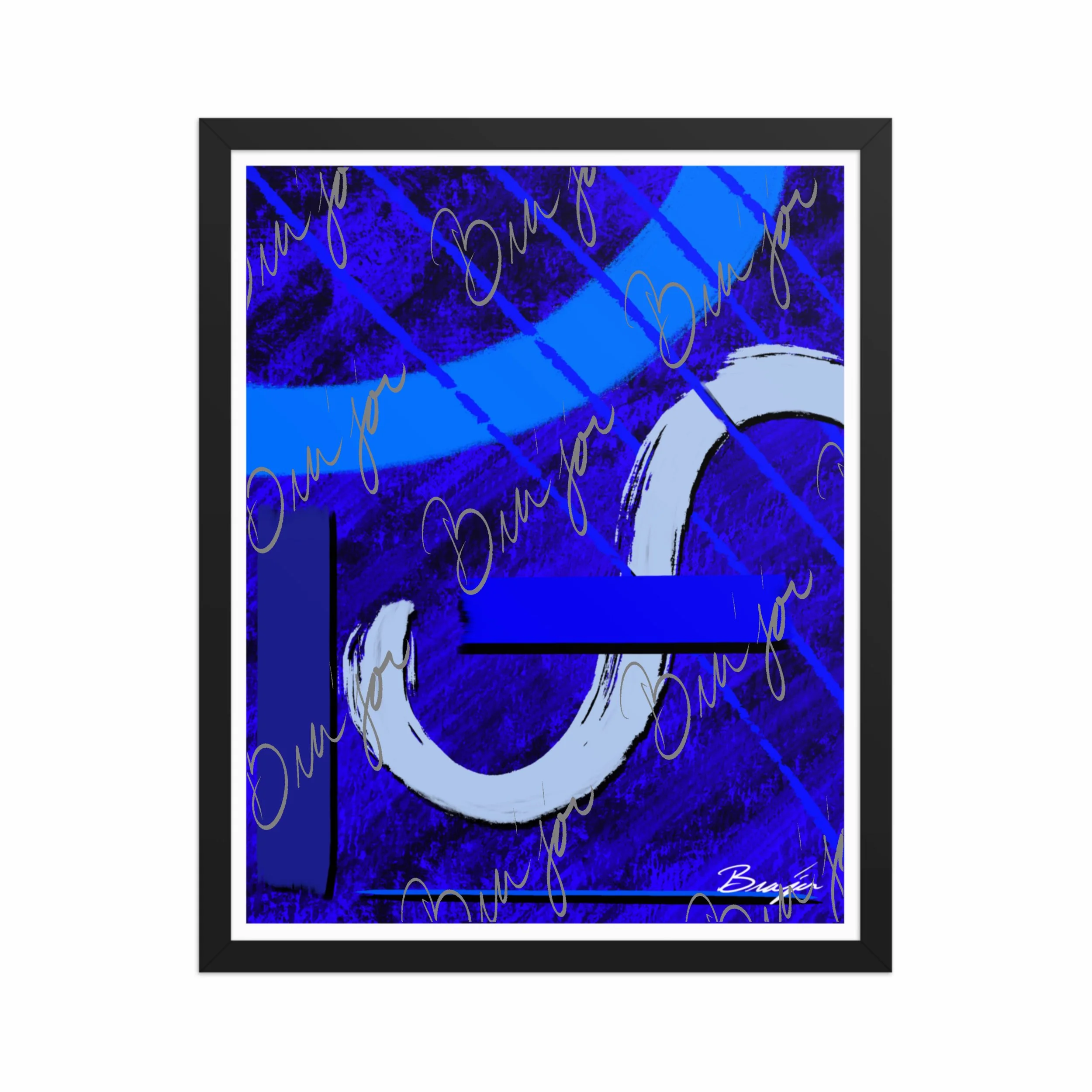 16x20 Black Abstract artwork titled Undone designed by the digital abstract artist Bra'jor. Artwork includes the colors Blue, Black, Misty Blue, and Navy