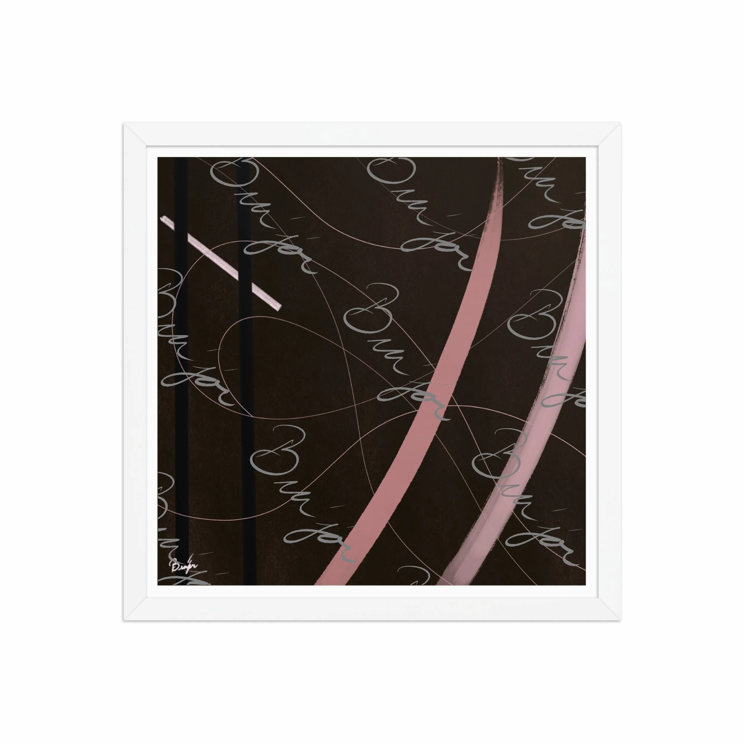16x16 White Framed abstract artwork titled Beholder designed by the digital abstract artist Bra'jor. Artwork includes the colors Brown, Pink, Black, and White