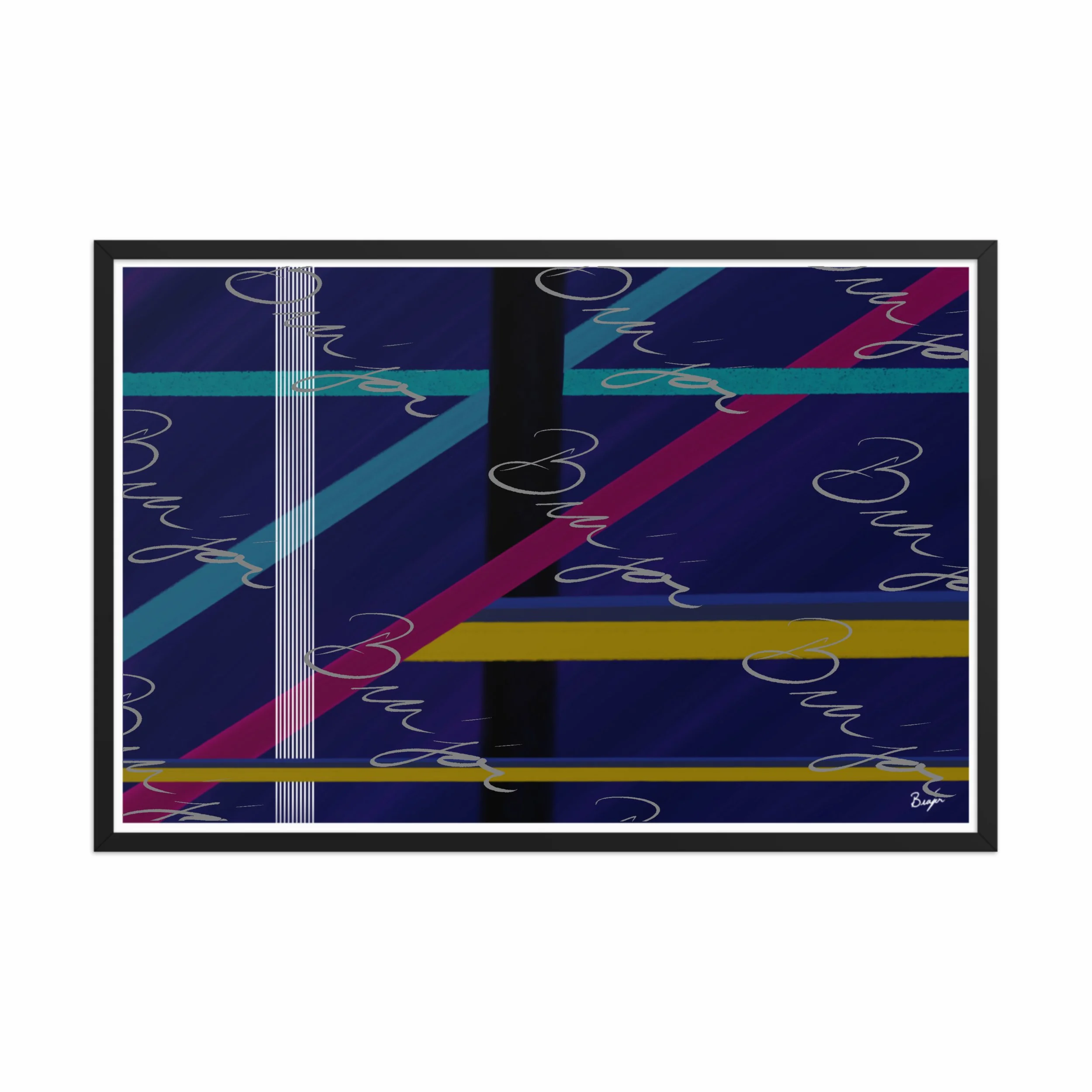 24x36 Black Framed Abstract artwork titled Destinations designed by the digital abstract artist Bra'jor. Artwork includes the colors Black, Blue, Yellow, Pink, and White