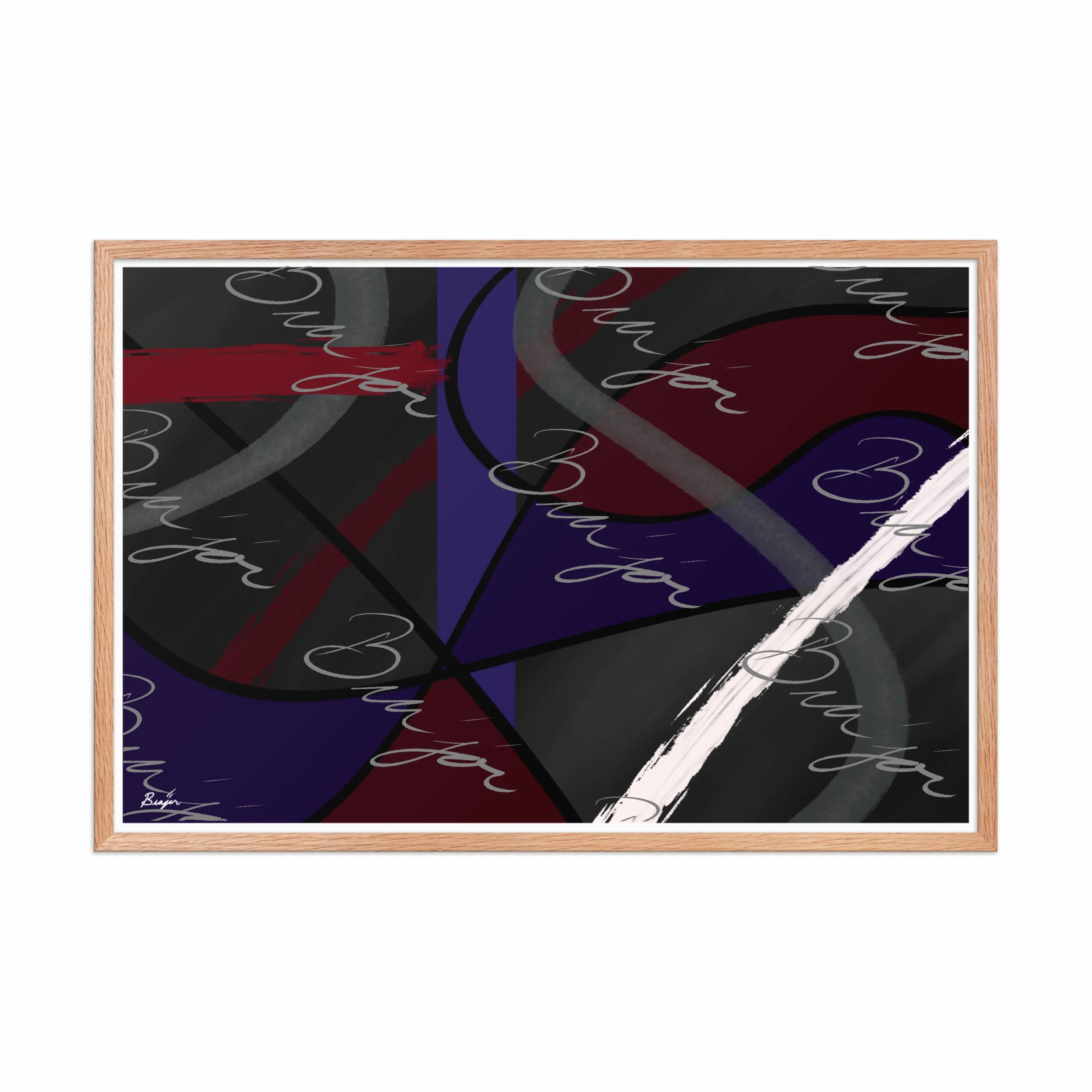 24x36 Red Oak Framed Abstract artwork titled Different designed by the digital abstract artist Bra'jor. Artwork includes the colors Purple, Blue, Red, Gray, and Black