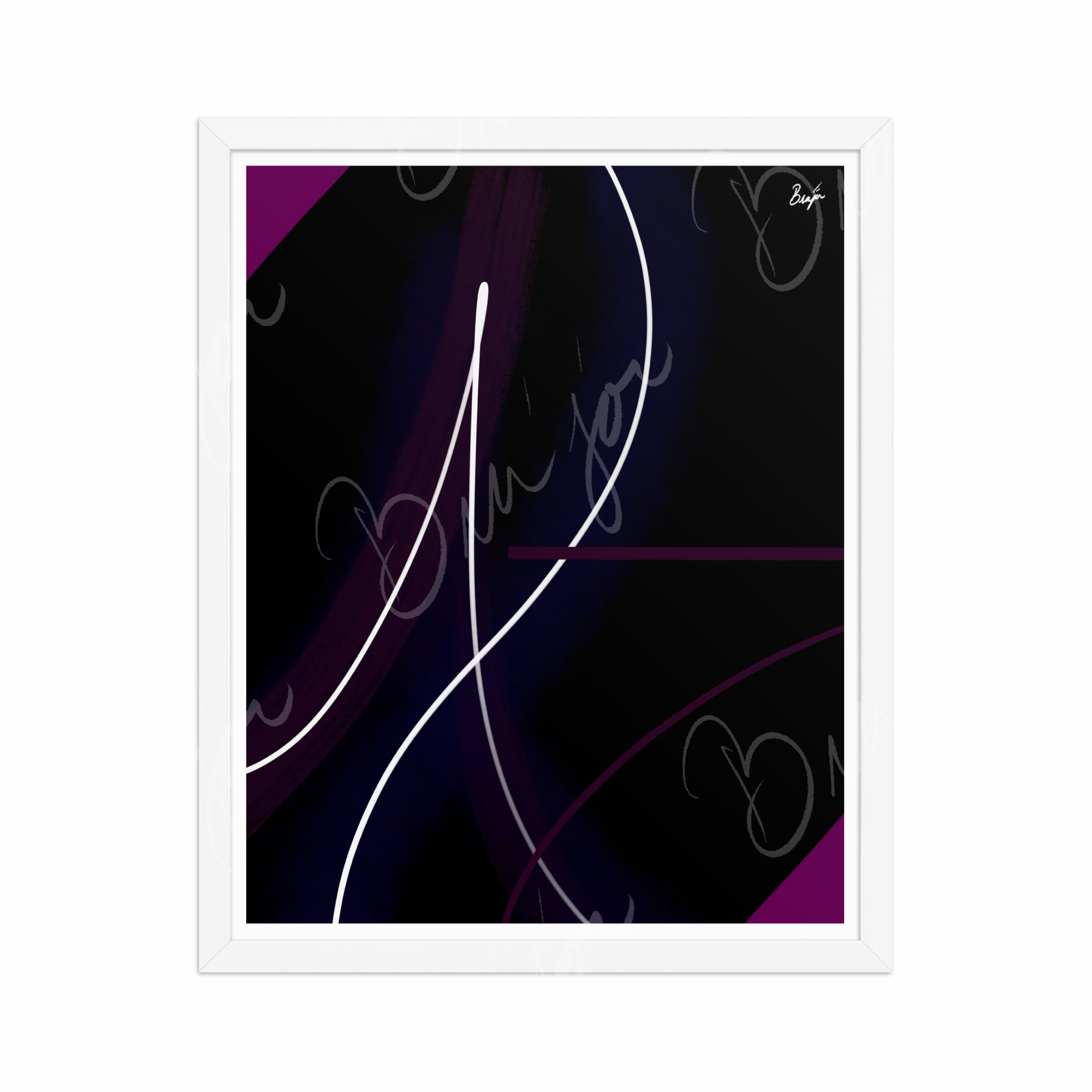 16x20 White Framed Abstract artwork titled Poised designed by the digital abstract artist Bra'jor. Artwork includes the colors Purple, Pink, Blue, and White