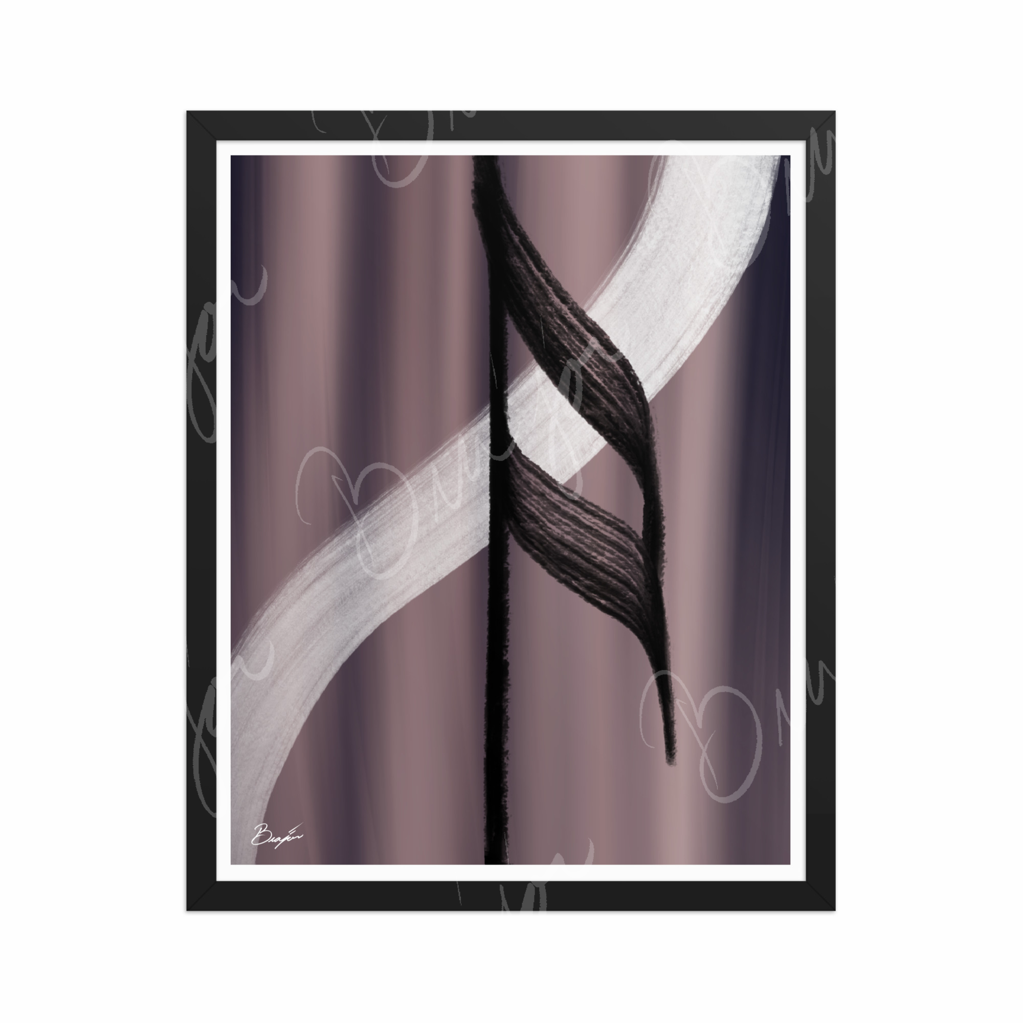 16x20 Black Framed Abstract artwork titled A Beat designed by the digital abstract artist Bra'jor. Artwork includes the colors Black, White, Gray, violet, and Mauve