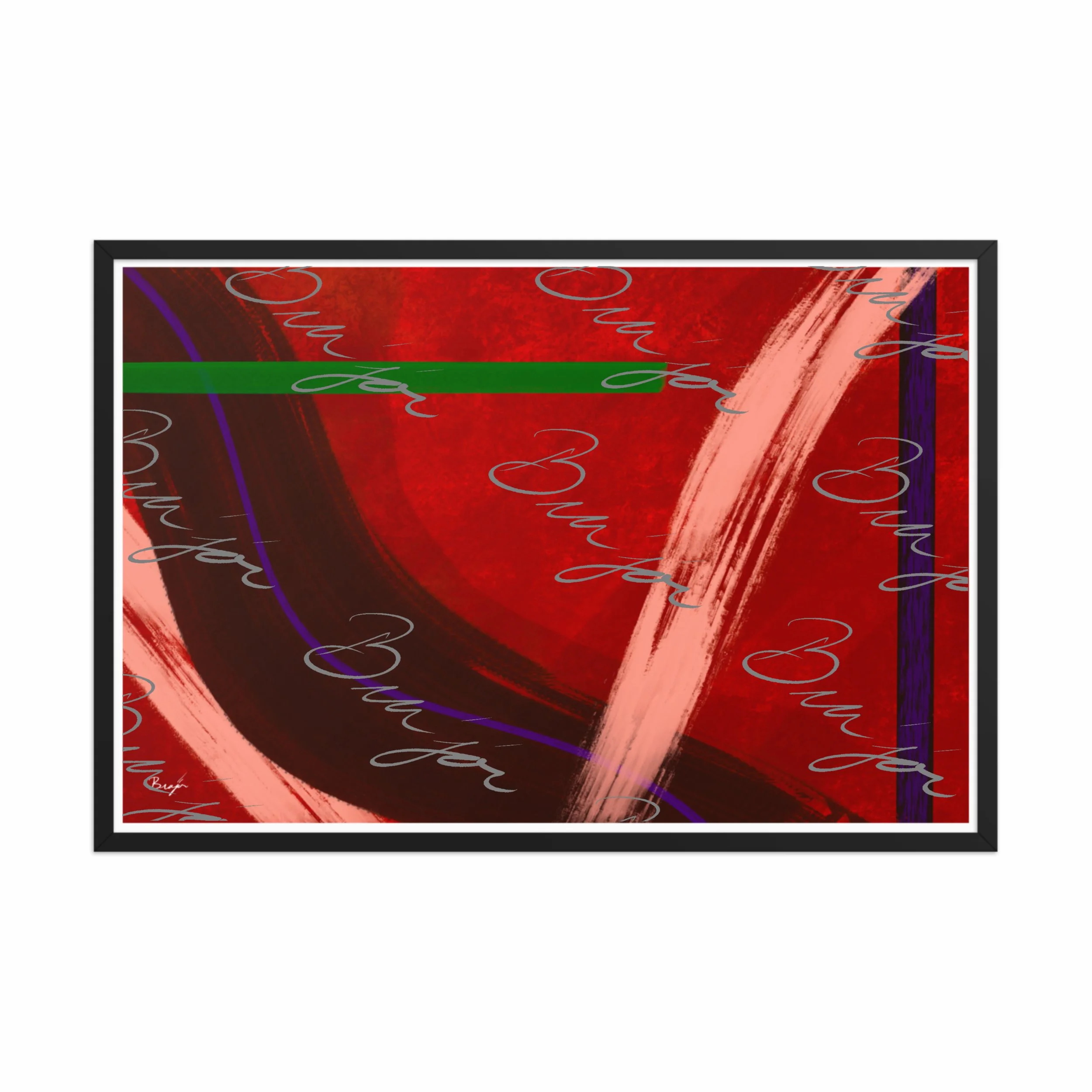 24x36 Black Framed abstract artwork titled Feelings designed by the digital abstract artist Bra'jor. Artwork includes the colors Red, Orange, Purple, and Green