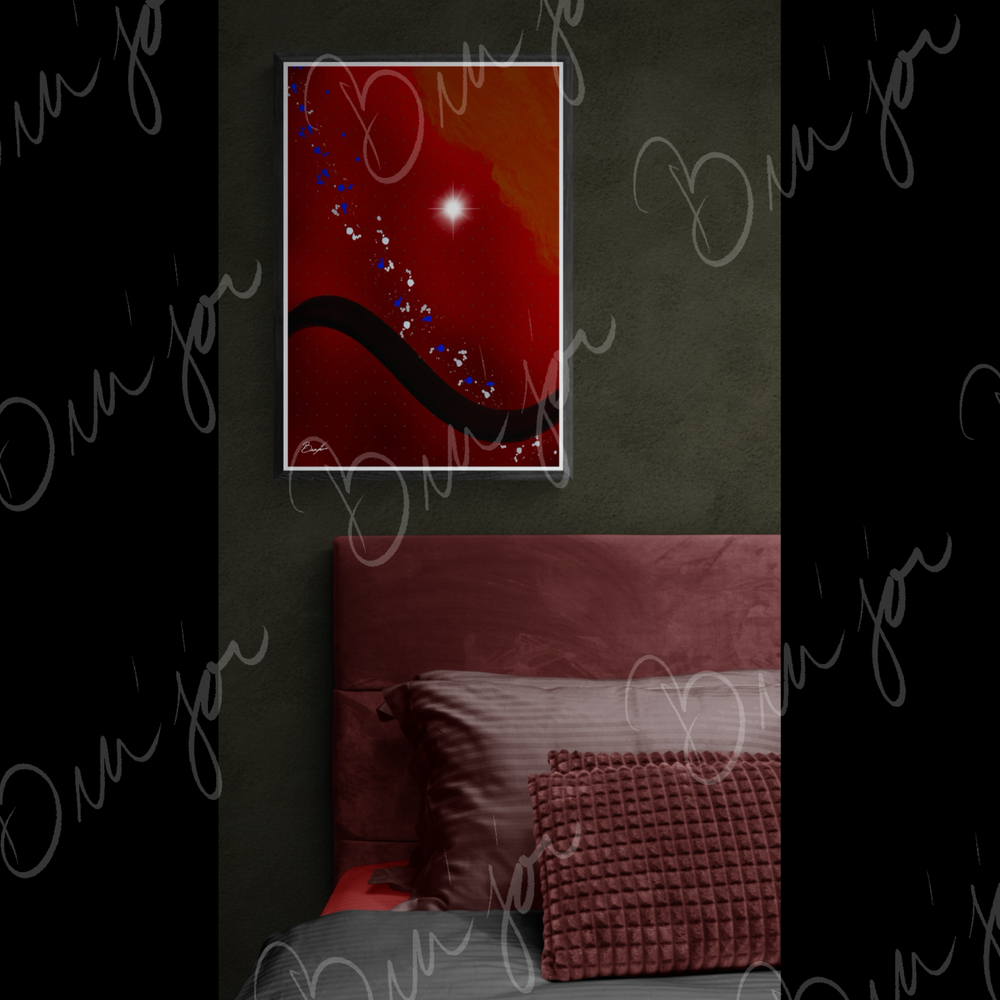 Framed Abstract artwork titled Take Your Place designed by the digital abstract artist Bra'jor. Artwork includes the colors Red, Yellow, Orange, Black, Gray, and White