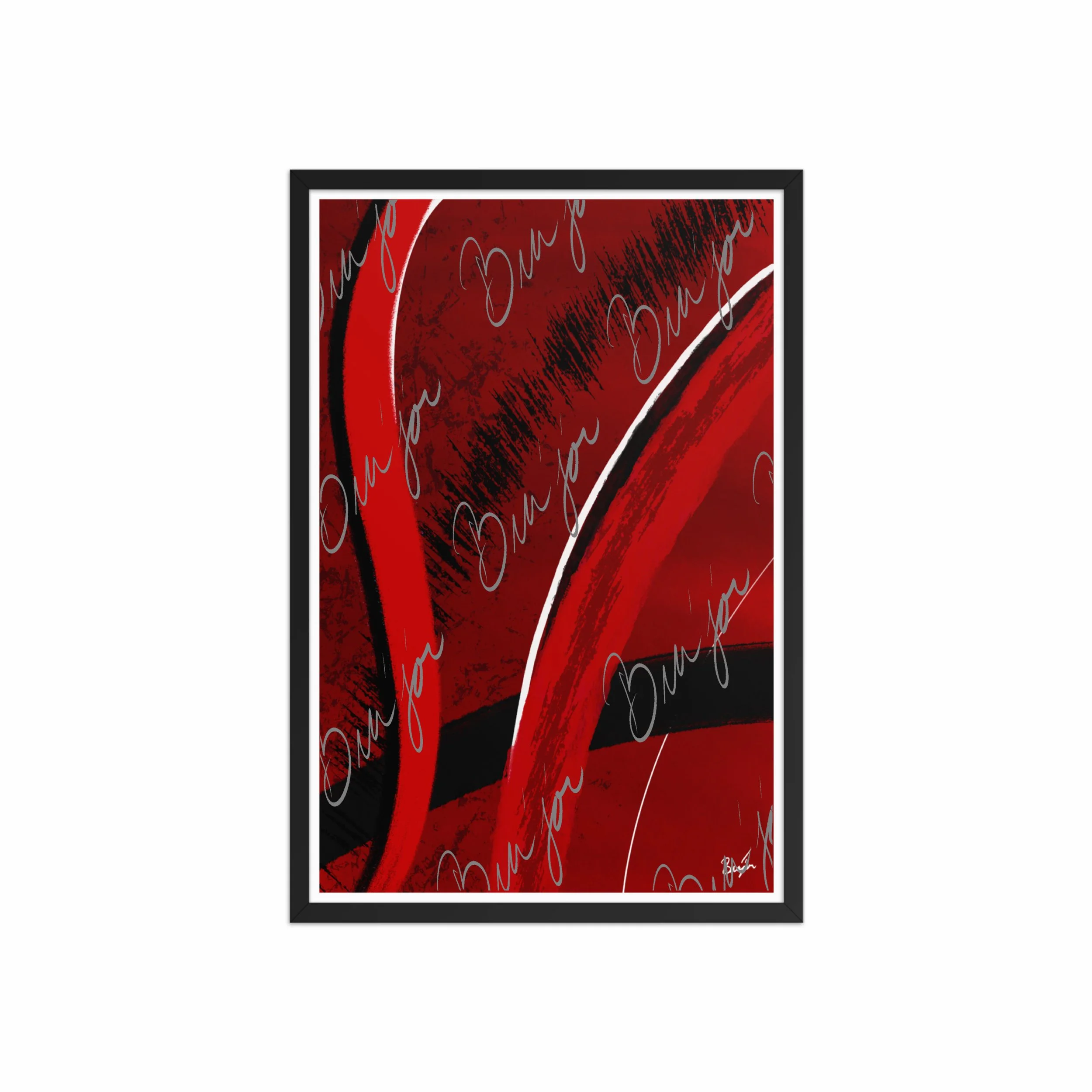 20x30 Black Framed Abstract artwork titled Feel designed by the digital abstract artist Bra'jor. Artwork includes the colors Red, Black, Blue, and White
