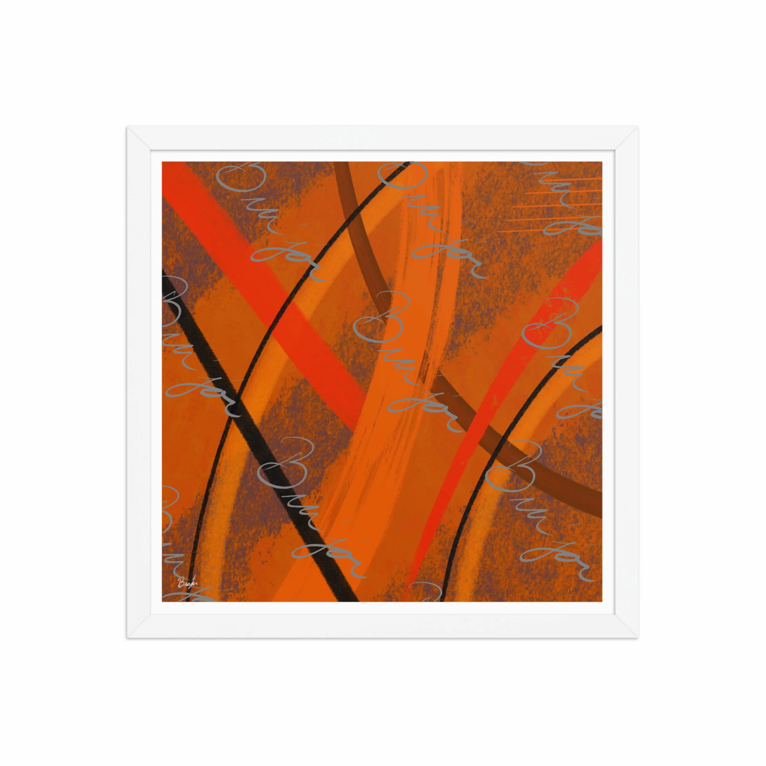 16x16 White Framed Abstract artwork titled Challenges designed by the digital abstract artist Bra'jor. Artwork includes the colors Orange, Brown, Blue, and Black