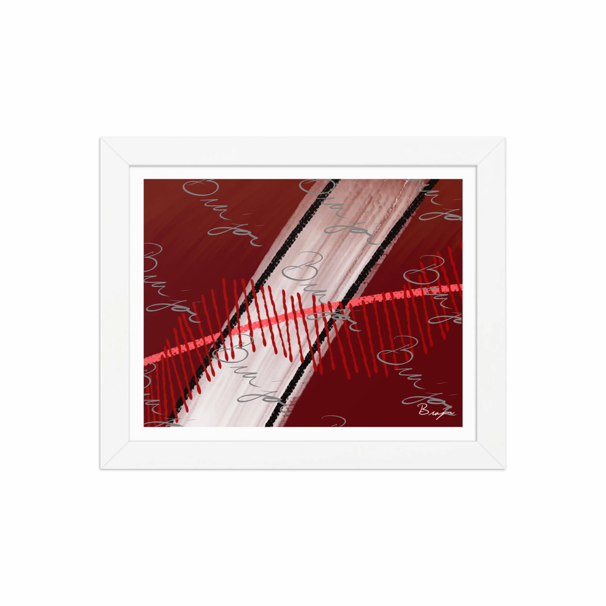 8x10 White Framed abstract artwork titled Confined designed by the digital abstract artist Bra'jor. Artwork includes the colors Red, Pink, Black, Maroon, and White