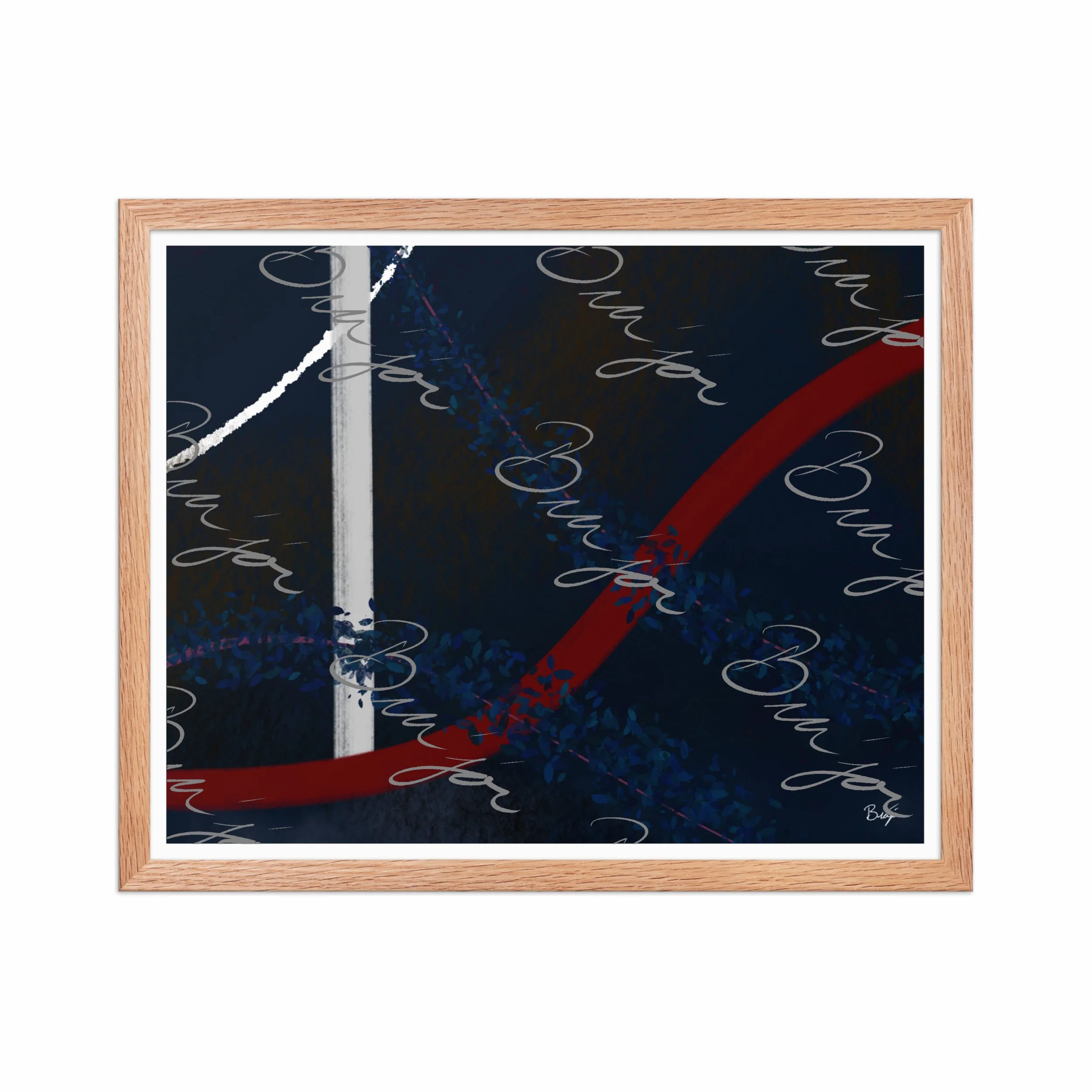 16x20 Red Oak Framed abstract artwork titled Gloomy II designed by the digital abstract artist Bra'jor. Artwork includes the colors Blue, Red, White, Pink, and Black
