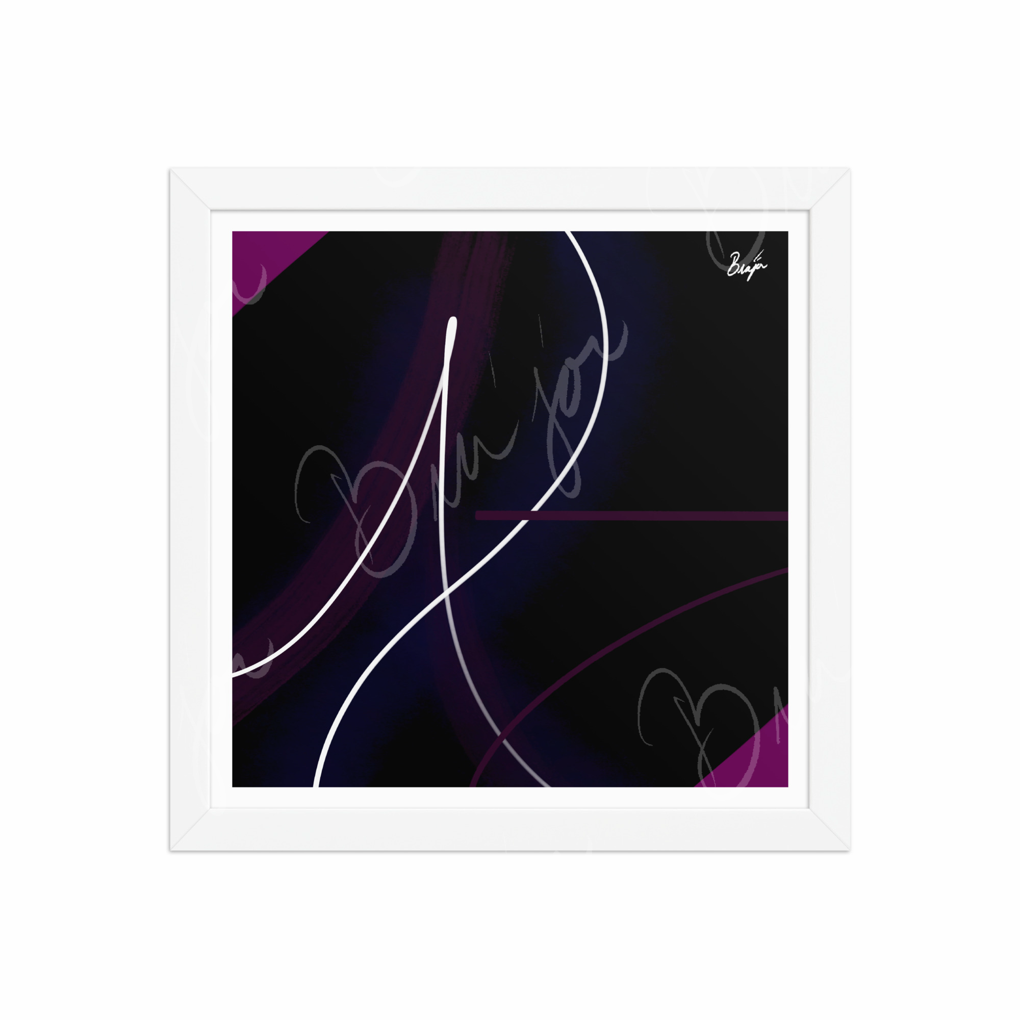 12x12 White Framed Abstract artwork titled Poised designed by the digital abstract artist Bra'jor. Artwork includes the colors Purple, Pink, Blue, and White