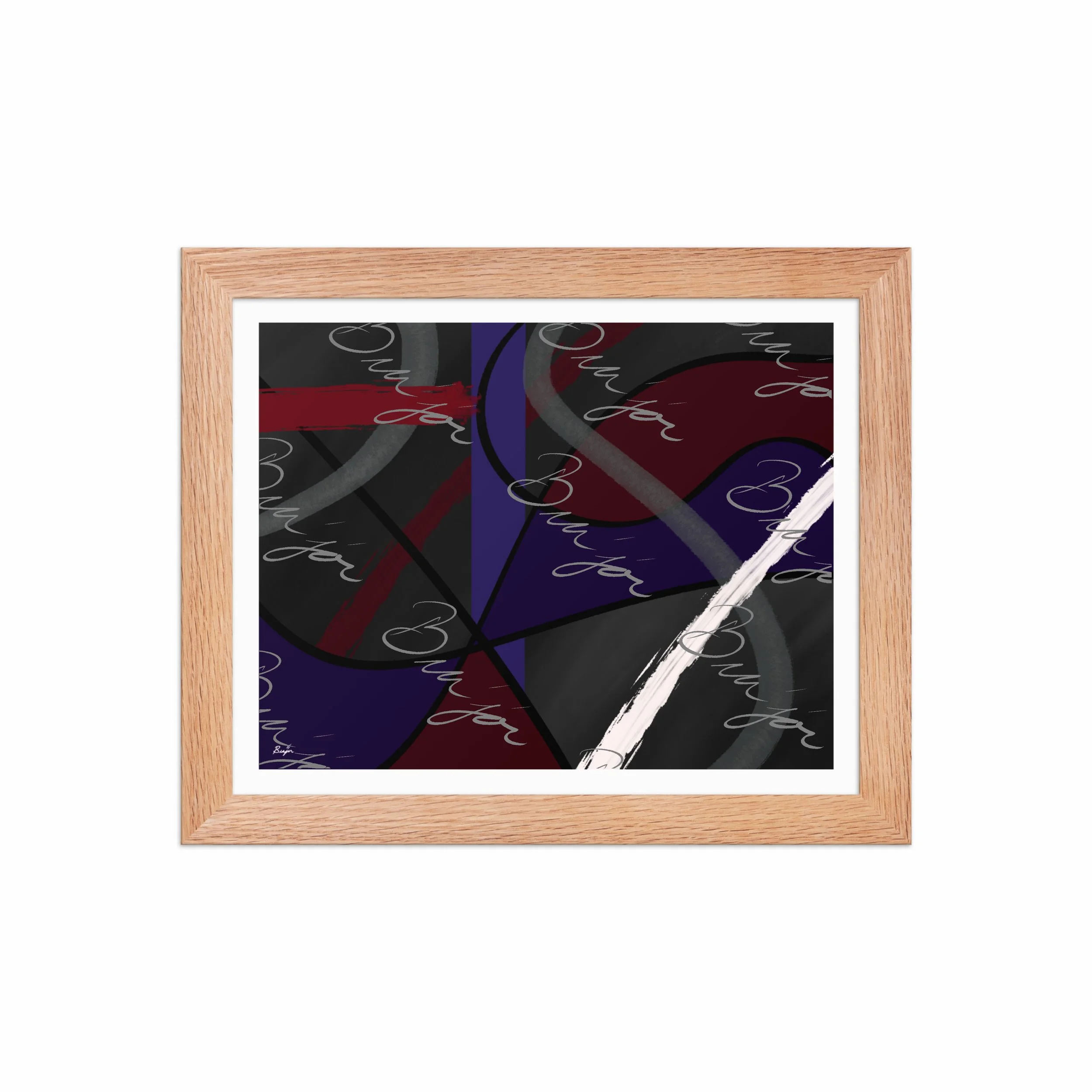 8x10 Red Oak Framed Abstract artwork titled Different designed by the digital abstract artist Bra'jor. Artwork includes the colors Purple, Blue, Red, Gray, and Black