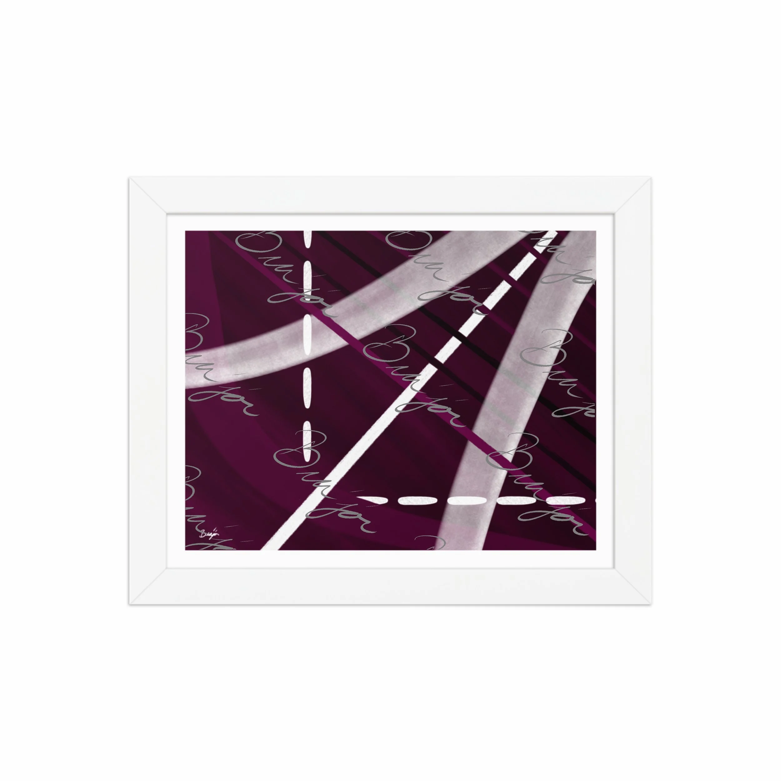 8x10 White Framed abstract artwork titled Tuning designed by the digital abstract artist Bra'jor. Artwork includes the colors Purple, Black, Gray, and White
