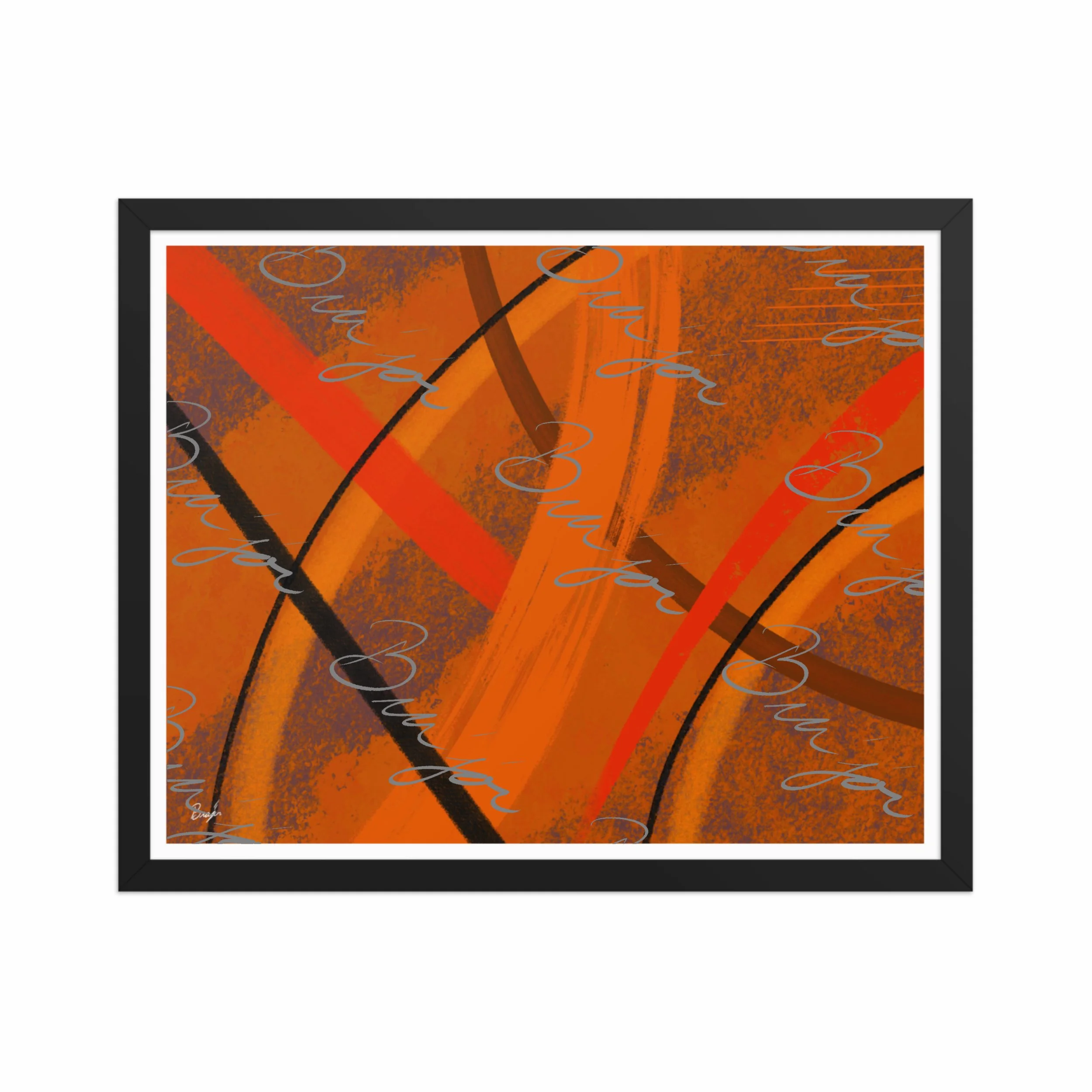 16x20 Black Framed Abstract artwork titled Challenges designed by the digital abstract artist Bra'jor. Artwork includes the colors Orange, Brown, Blue, and Black