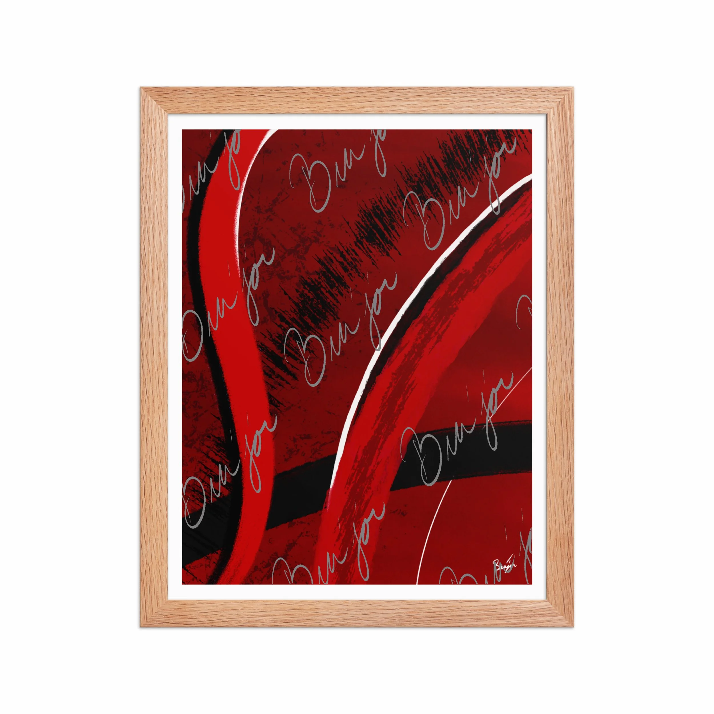 11x14 Red Oak Framed Abstract artwork titled Feel designed by the digital abstract artist Bra'jor. Artwork includes the colors Red, Black, Blue, and White
