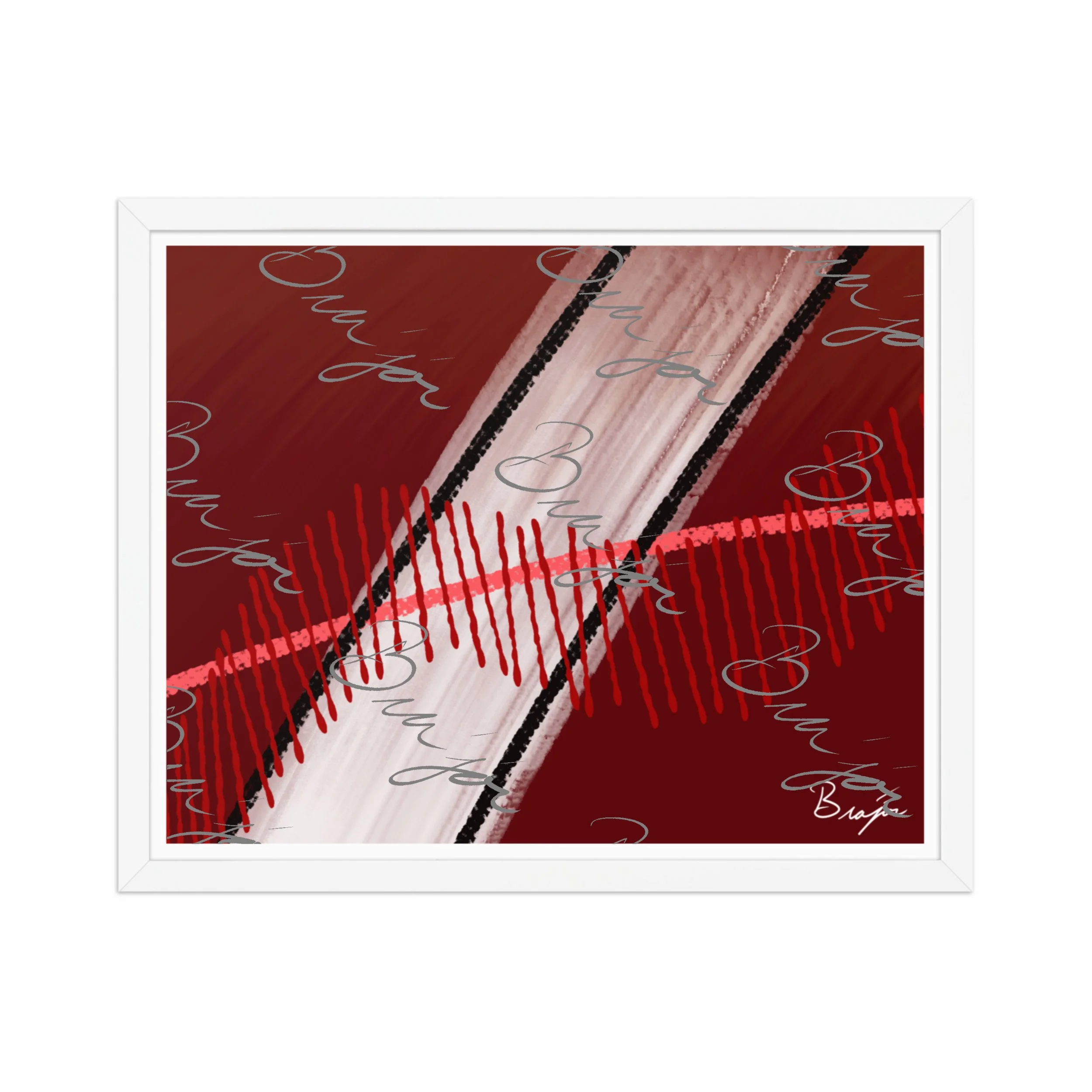 16x20 White Framed abstract artwork titled Confined designed by the digital abstract artist Bra'jor. Artwork includes the colors Red, Pink, Black, Maroon, and White