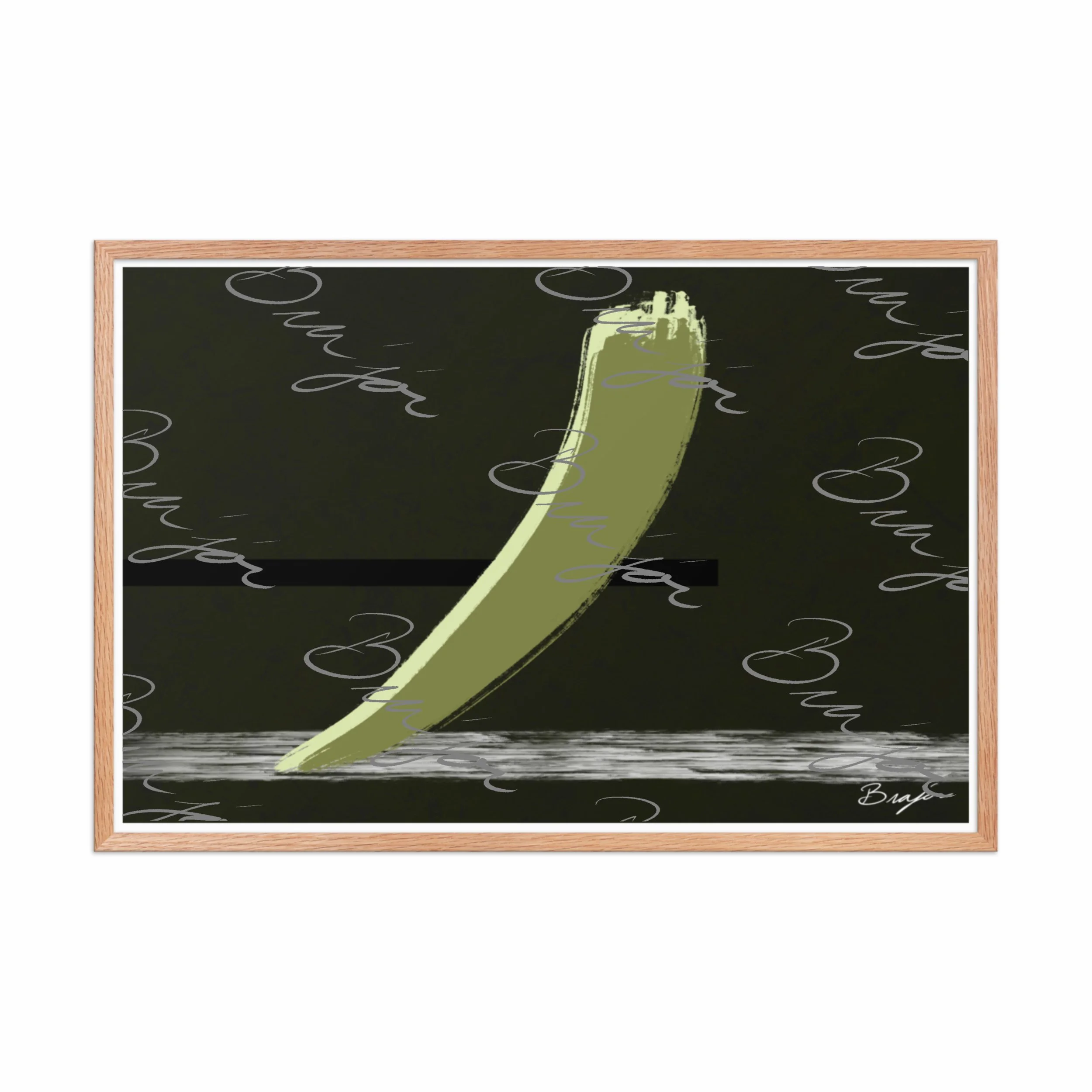 24x36 Red Oak Framed abstract artwork titled Drift designed by the digital abstract artist Bra'jor. Artwork includes the colors Green in multiple shades, Black,  White, and Gray