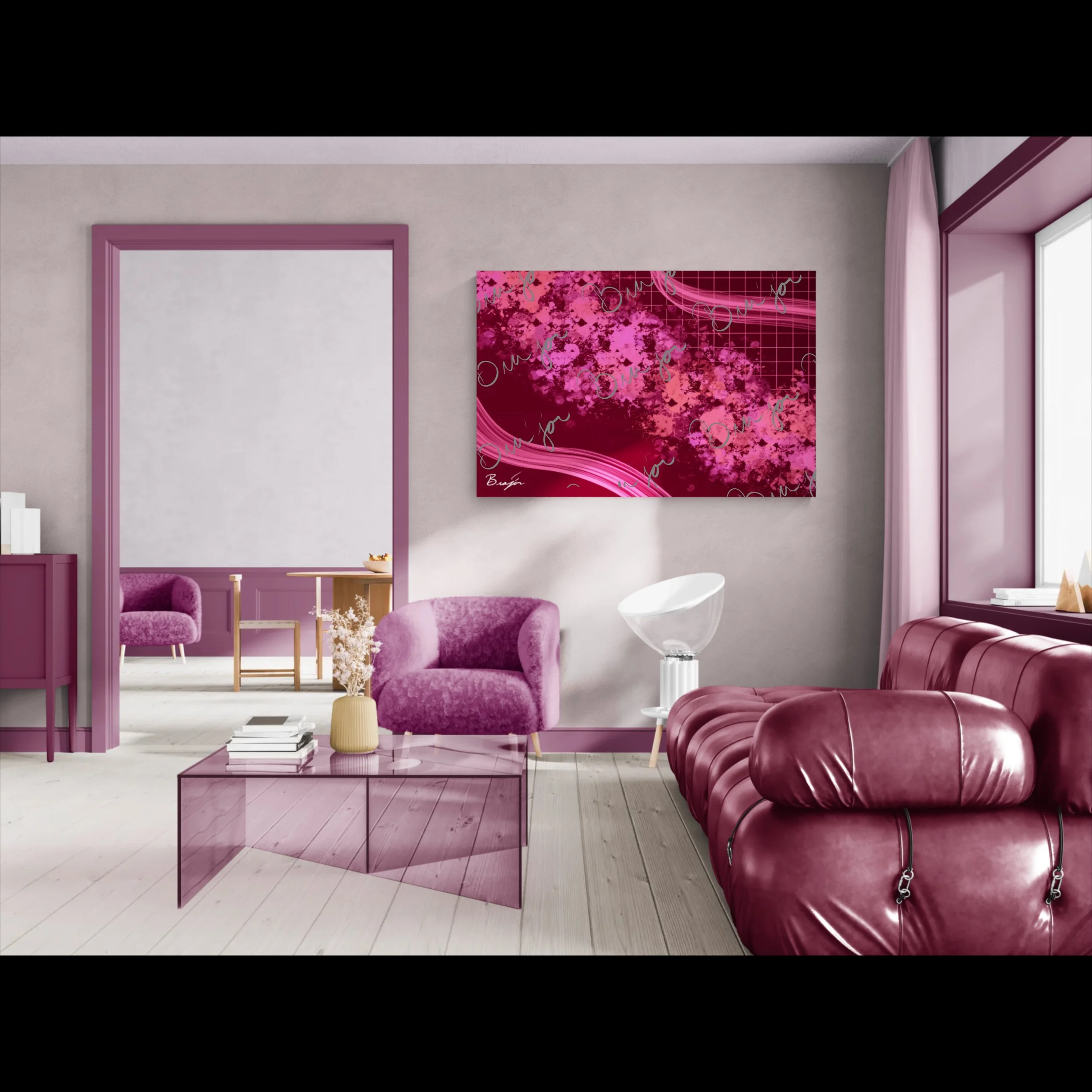 Abstract canvas artwork titled Soft designed by the digital abstract artist Bra'jor. Artwork includes the colors Purple, Pink, peach, and Orange