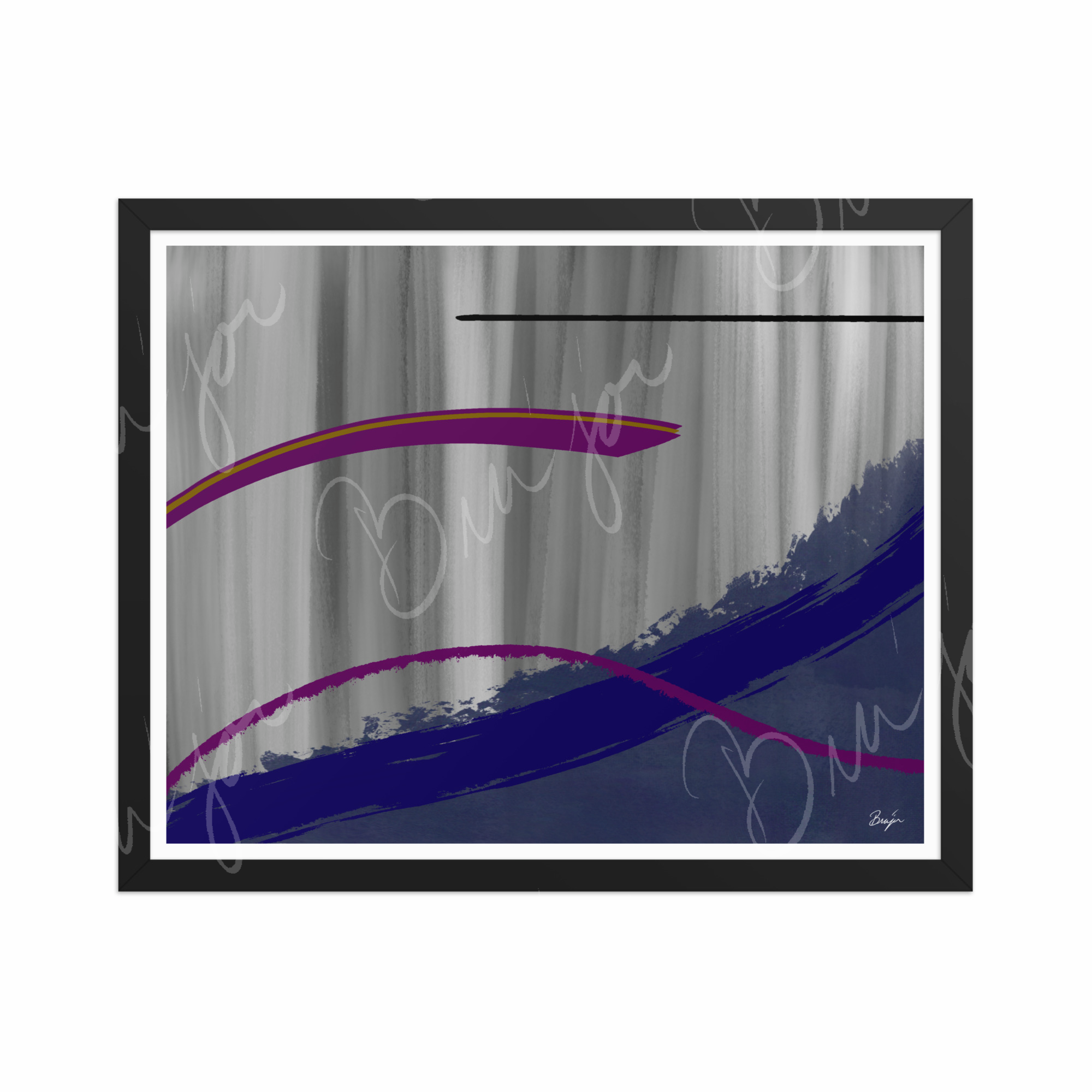 16x20 Black Framed Abstract artwork titled Reworking designed by the digital abstract artist Bra'jor. Artwork includes the colors Purple, Gray, Blue, Mustard Yellow, and Black