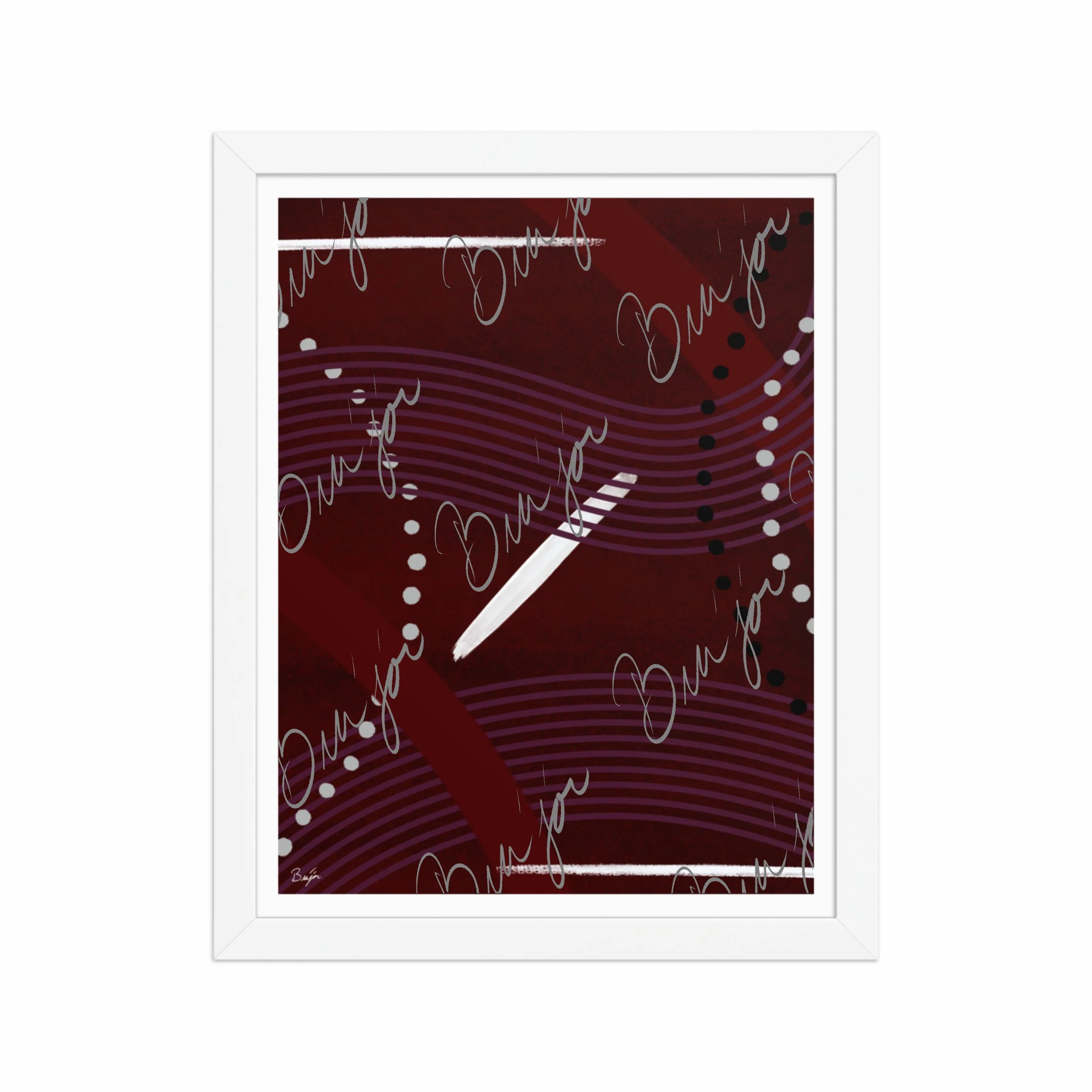 11x14 White Framed Abstract artwork titled Memories designed by the digital abstract artist Bra'jor. Artwork includes the colors Black, White, Maroon, Purple, and Gray