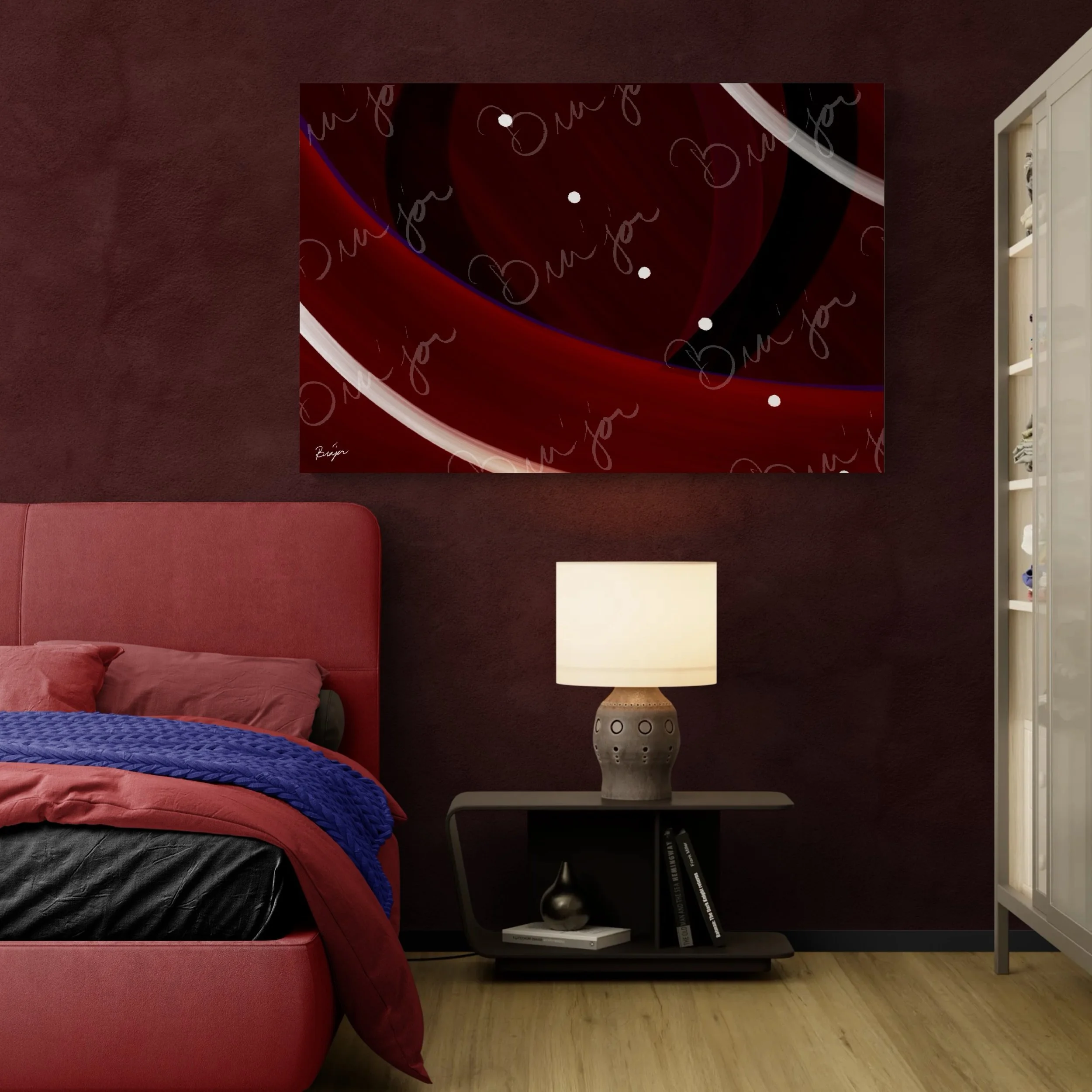XL Canvas Abstract artwork titled Trail Back designed by the digital abstract artist Bra'jor. Artwork includes the colors Red, Black, Purple, and White