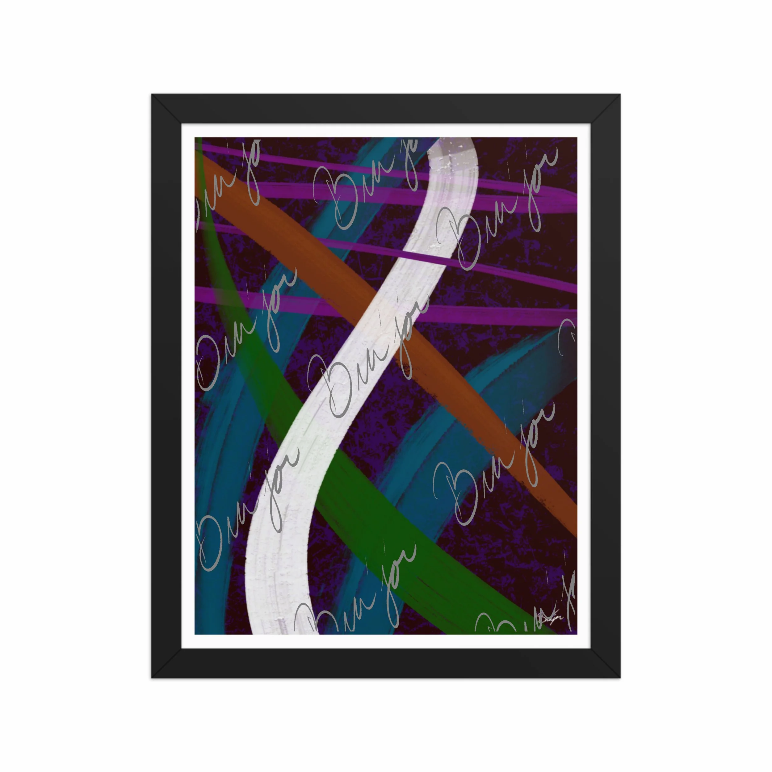 11x14 Black Framed Abstract artwork titled Adventures designed by the digital abstract artist Bra'jor. Artwork includes the colors Purple, Blue, Orange, and White