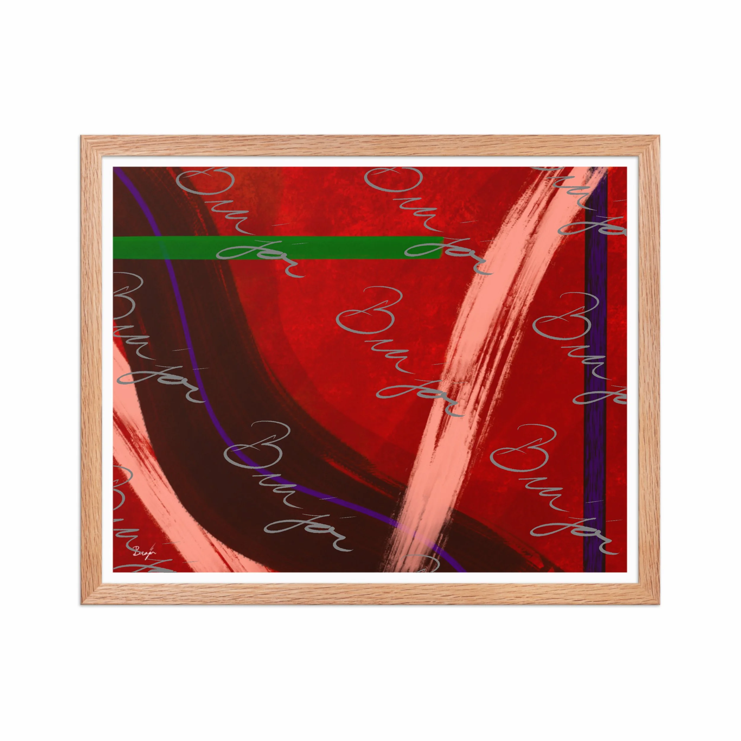 16x20 Red Oak Framed abstract artwork titled Feelings designed by the digital abstract artist Bra'jor. Artwork includes the colors Red, Orange, Purple, and Green